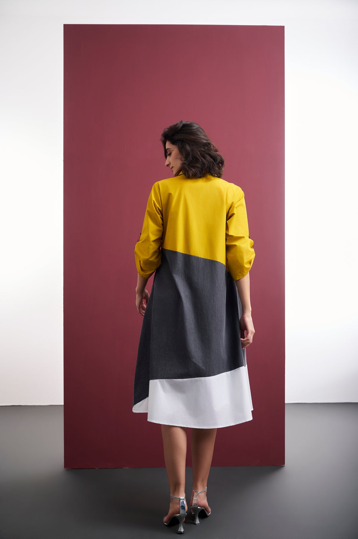 MUSTARD & GREY DENIM COLORBLOCK MIDI DRESS