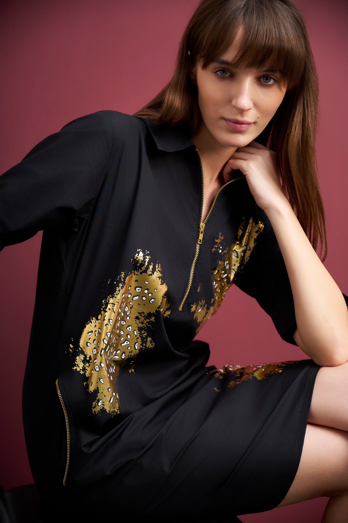 BLACK GOLD FOIL SHIRT DRESS WITH HALF-ZIPPER