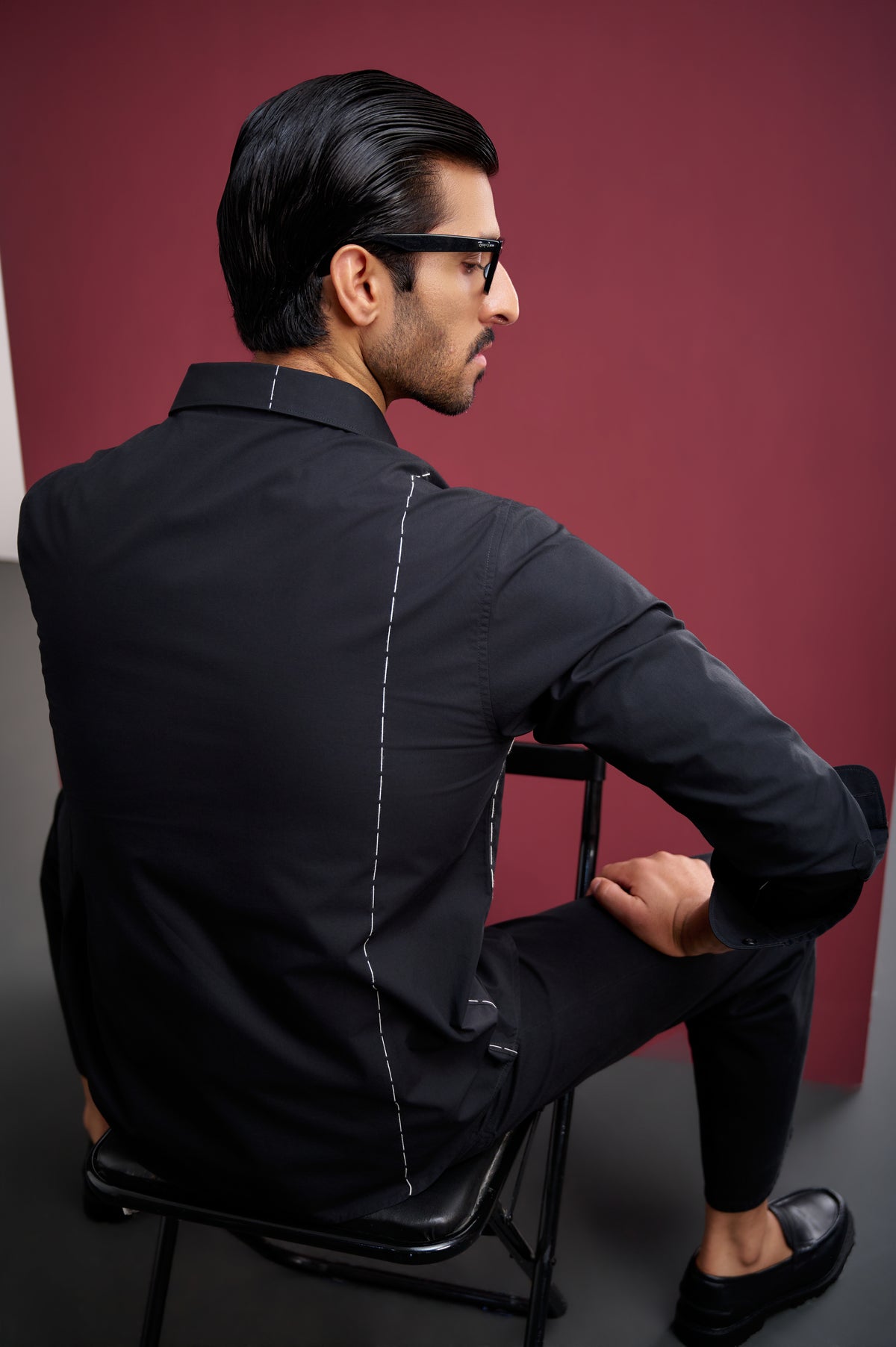 BLACK COTTON SHIRT WITH WHITE CONTRAST STITCHING