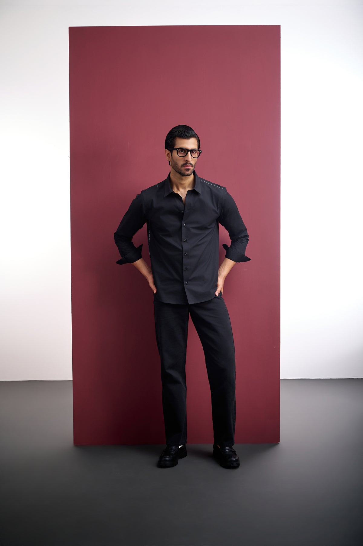 BLACK COTTON SHIRT WITH WHITE CONTRAST STITCHING