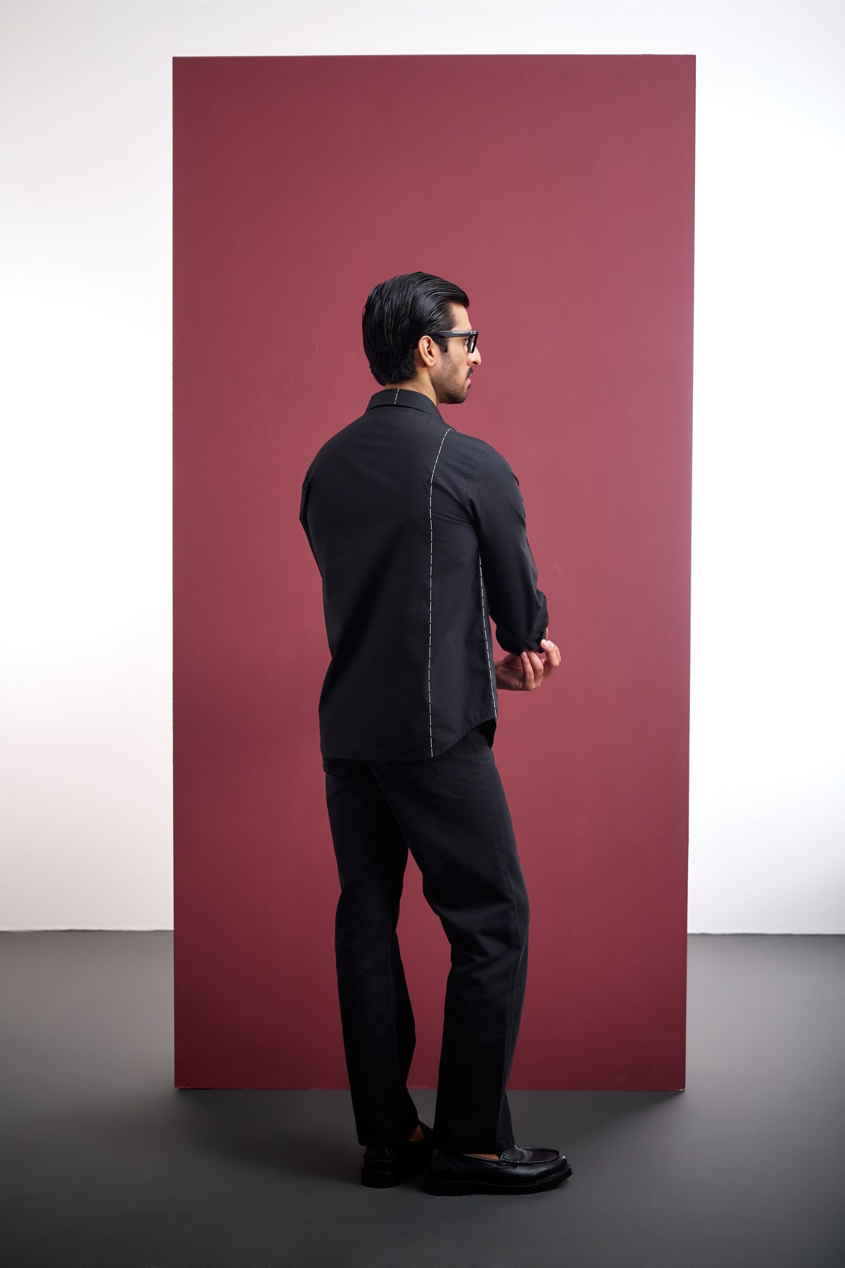 BLACK COTTON SHIRT WITH WHITE CONTRAST STITCHING