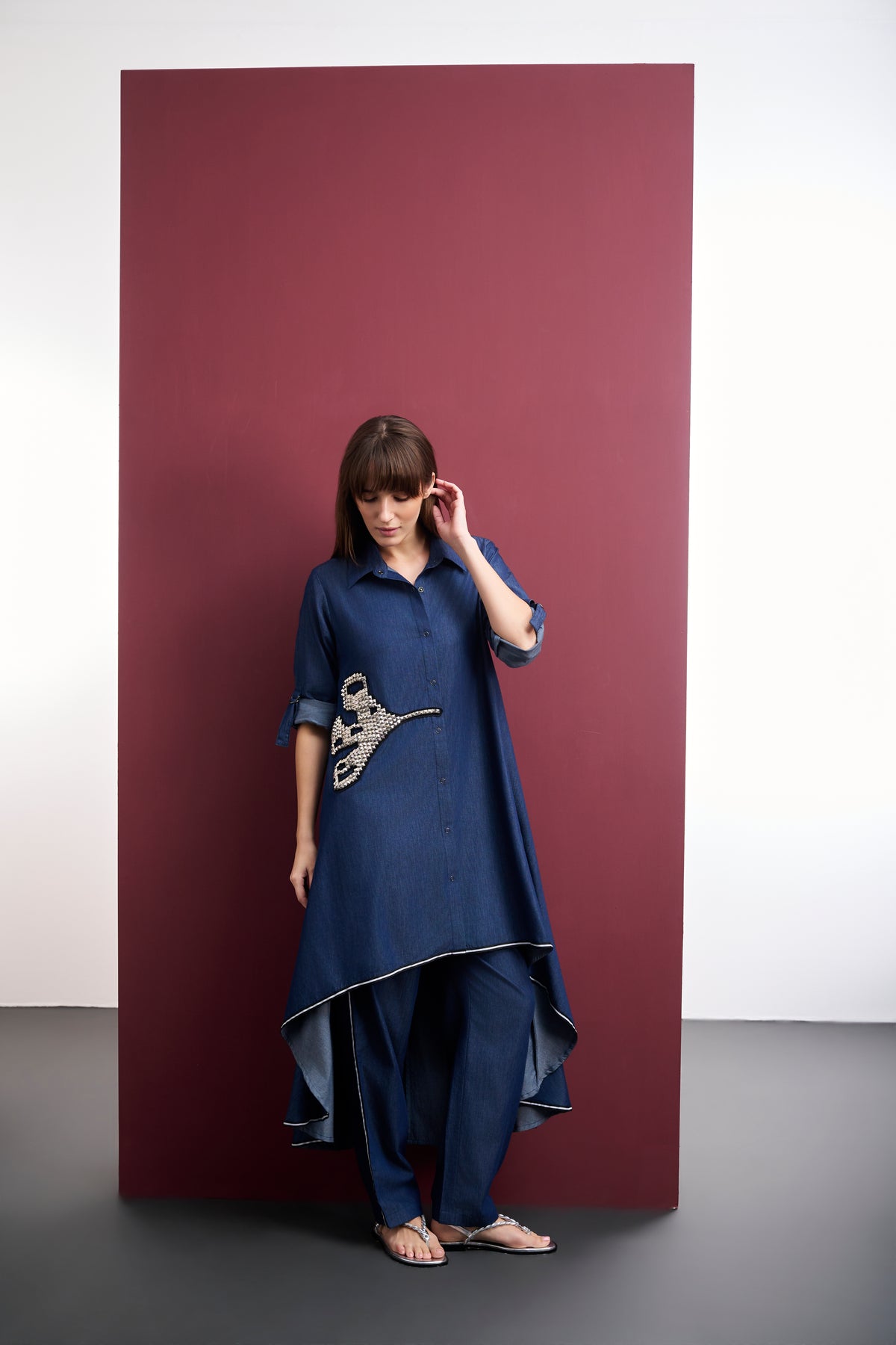 BLUE DENIM HIGH-LOW CO-ORD SET WITH STUDDED LEAF MOTIF