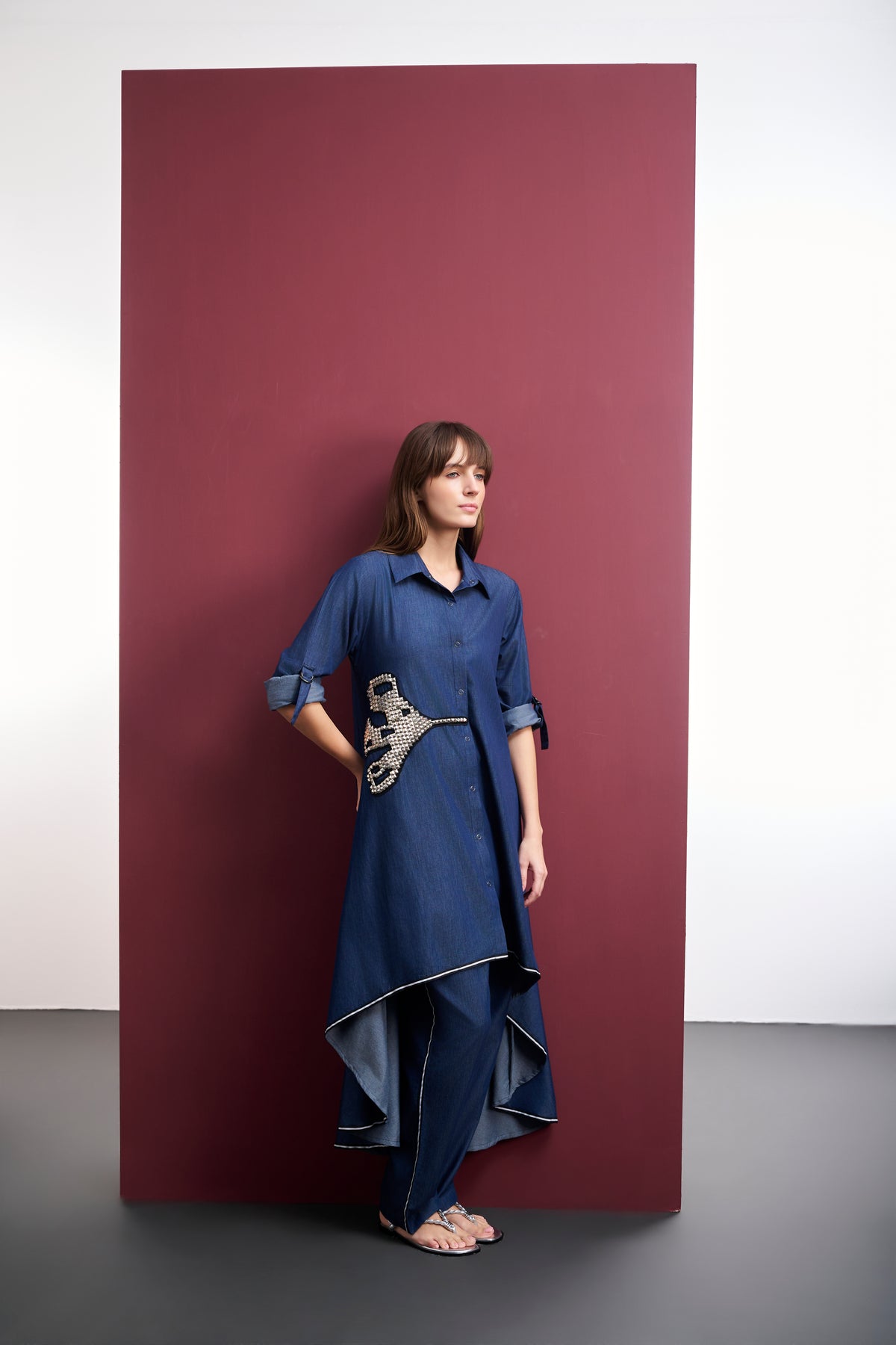 BLUE DENIM HIGH-LOW CO-ORD SET WITH STUDDED LEAF MOTIF