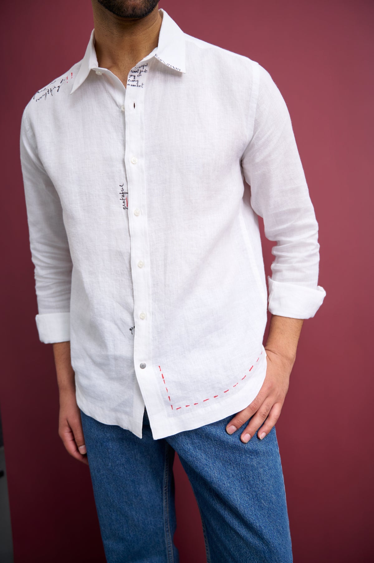 WHITE LINEN SHIRT WITH HAND-PAINTED DETAILS