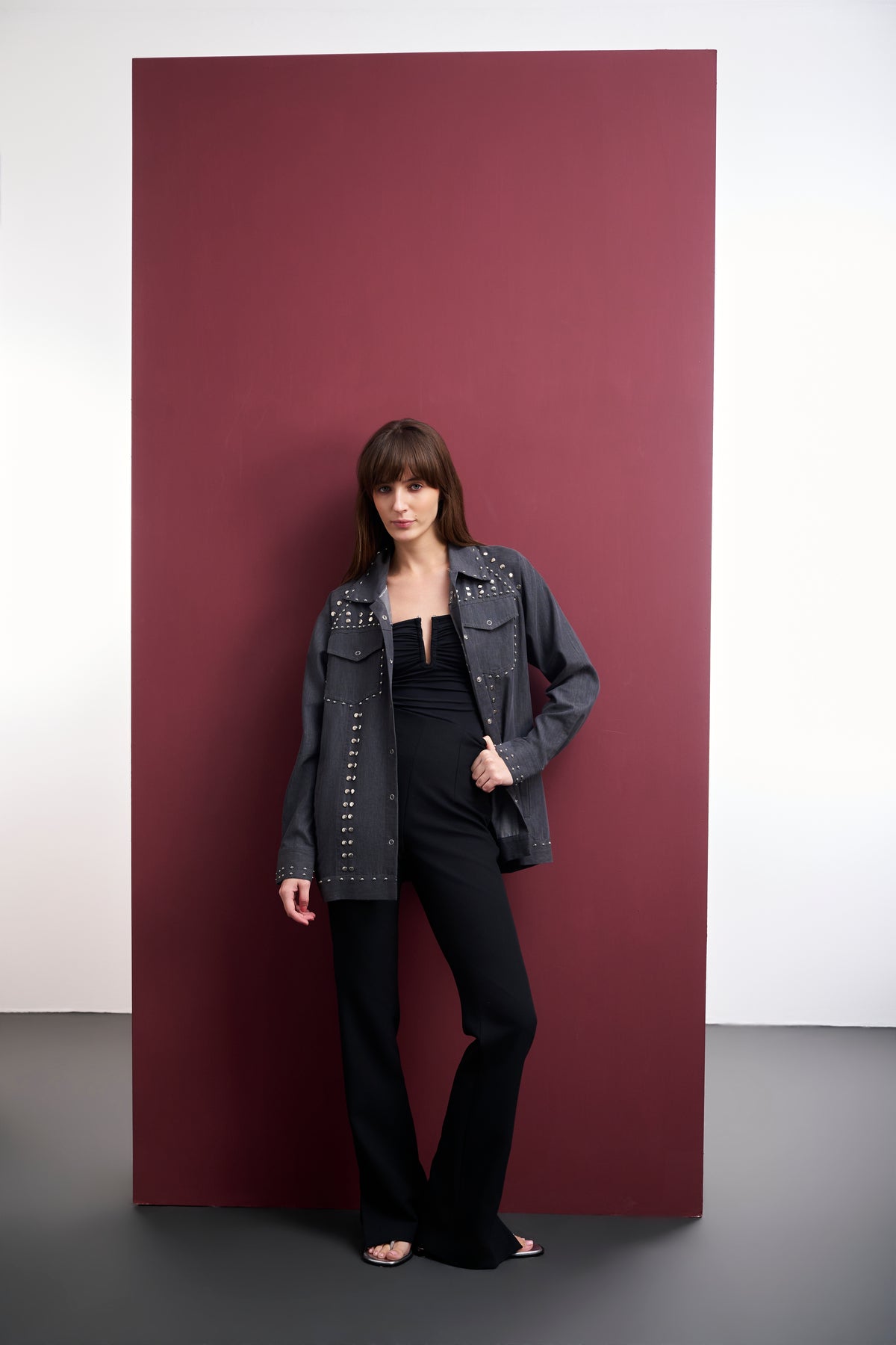 GREY DENIM STUDDED UTILITY SHACKET WITH FINE EMBROIDERY