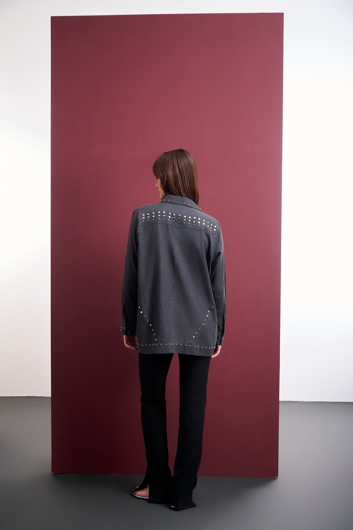 GREY DENIM STUDDED UTILITY SHACKET WITH FINE EMBROIDERY