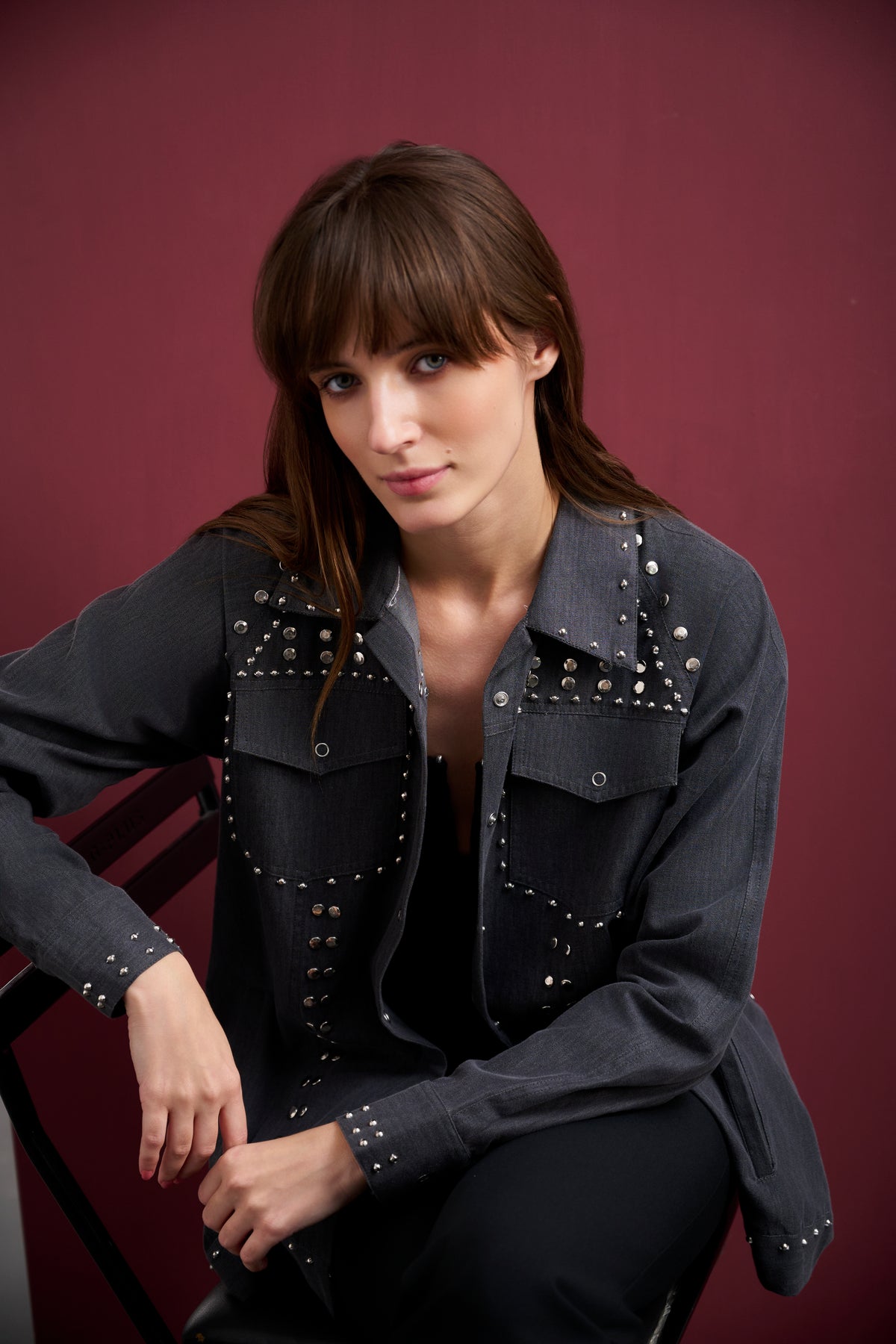 GREY DENIM STUDDED UTILITY SHACKET WITH FINE EMBROIDERY
