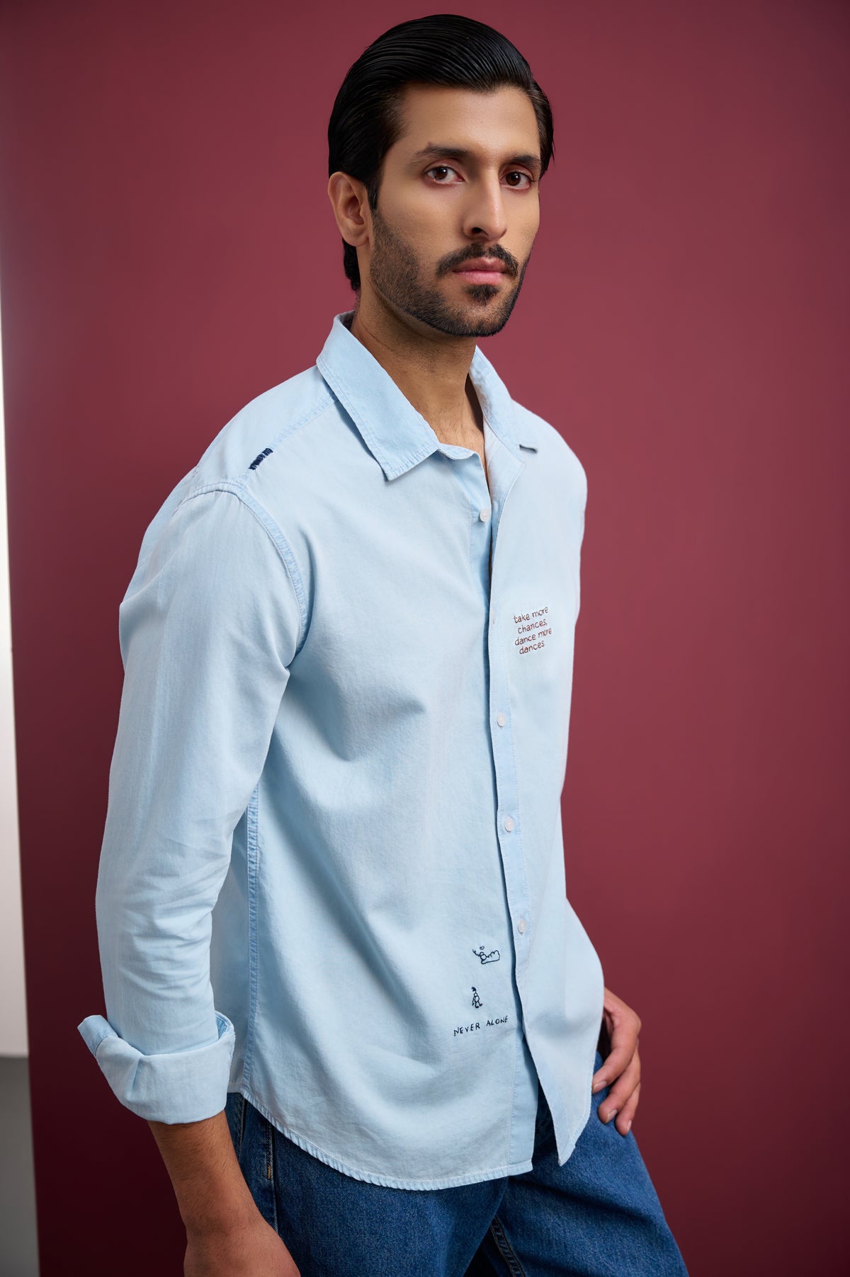 ICE WASH DENIM SHIRT WITH HAND EMBROIDERY