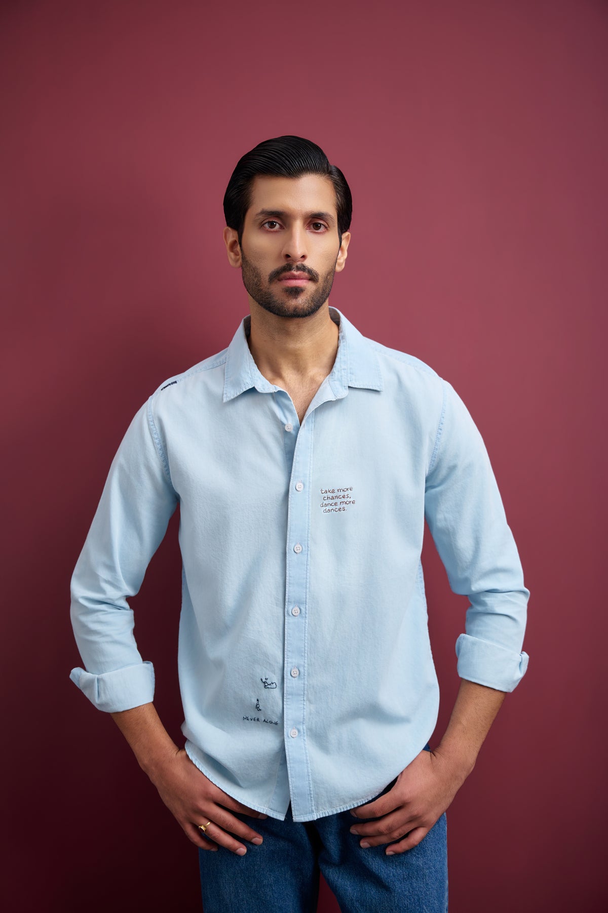 ICE WASH DENIM SHIRT WITH HAND EMBROIDERY