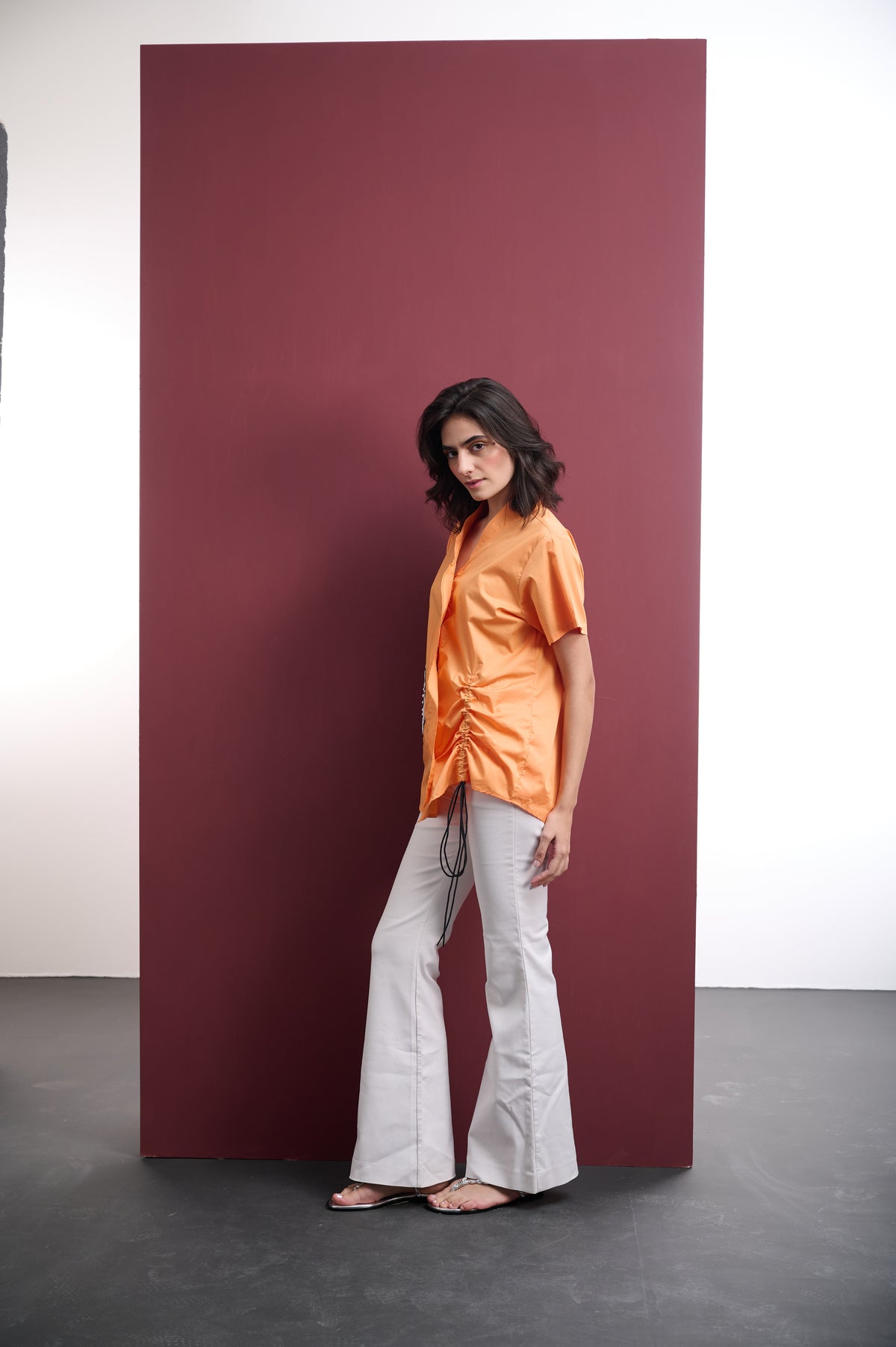 ORANGE COTTON SHIRT WITH SEQUIN SUNFLOWER EMBROIDERY