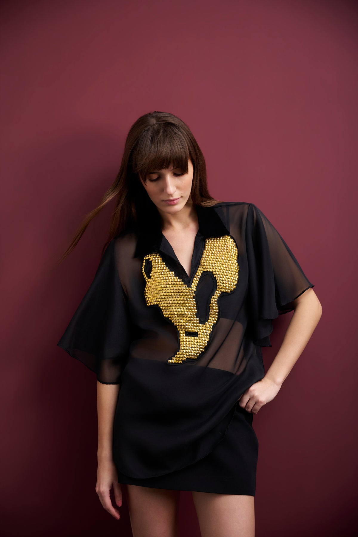 SHEER GEORGETTE VELVET COLLAR TOP WITH STUDDED NECK PIECE