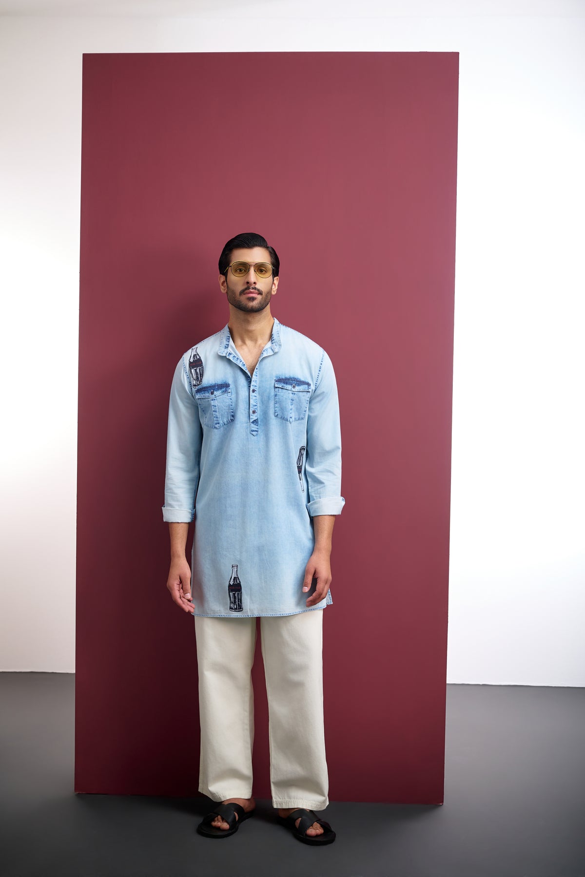 WASHED DENIM SHORT KURTA WITH POP-ART PRINT