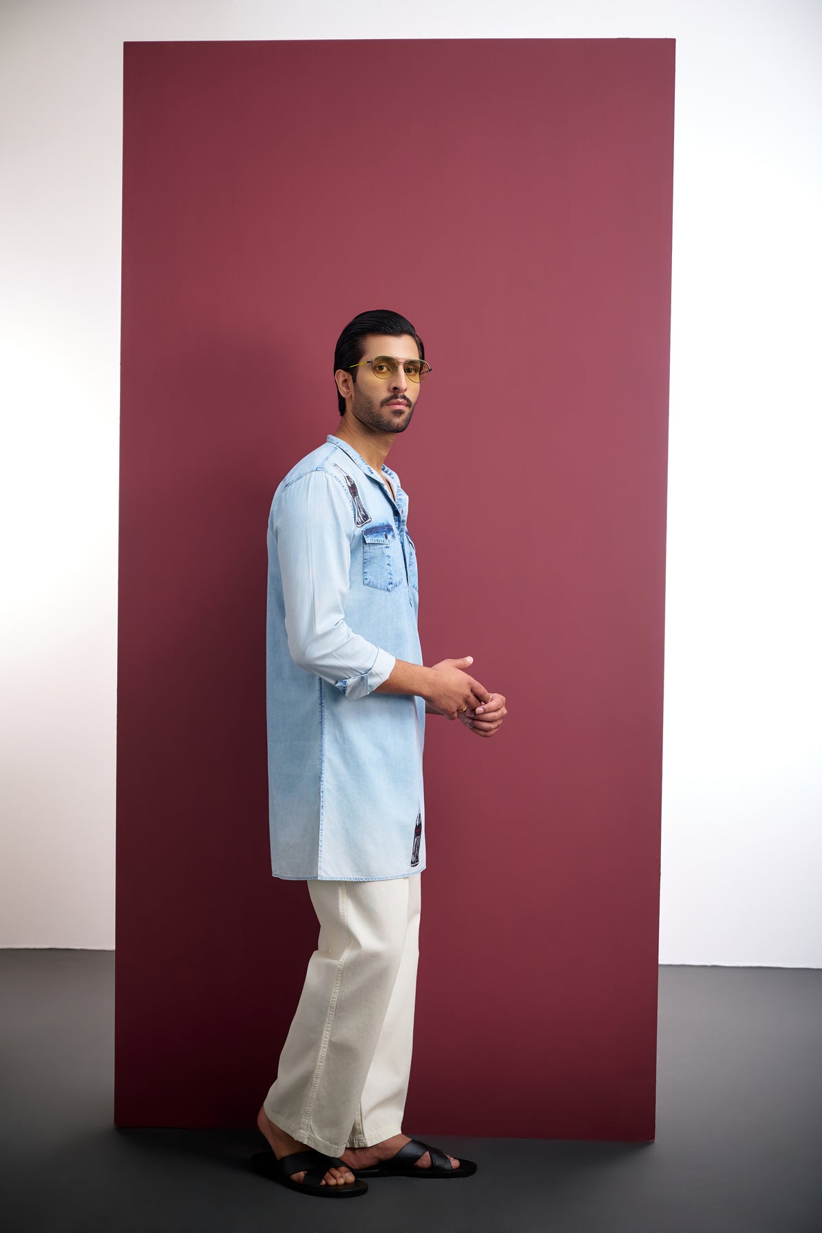 WASHED DENIM SHORT KURTA WITH POP-ART PRINT