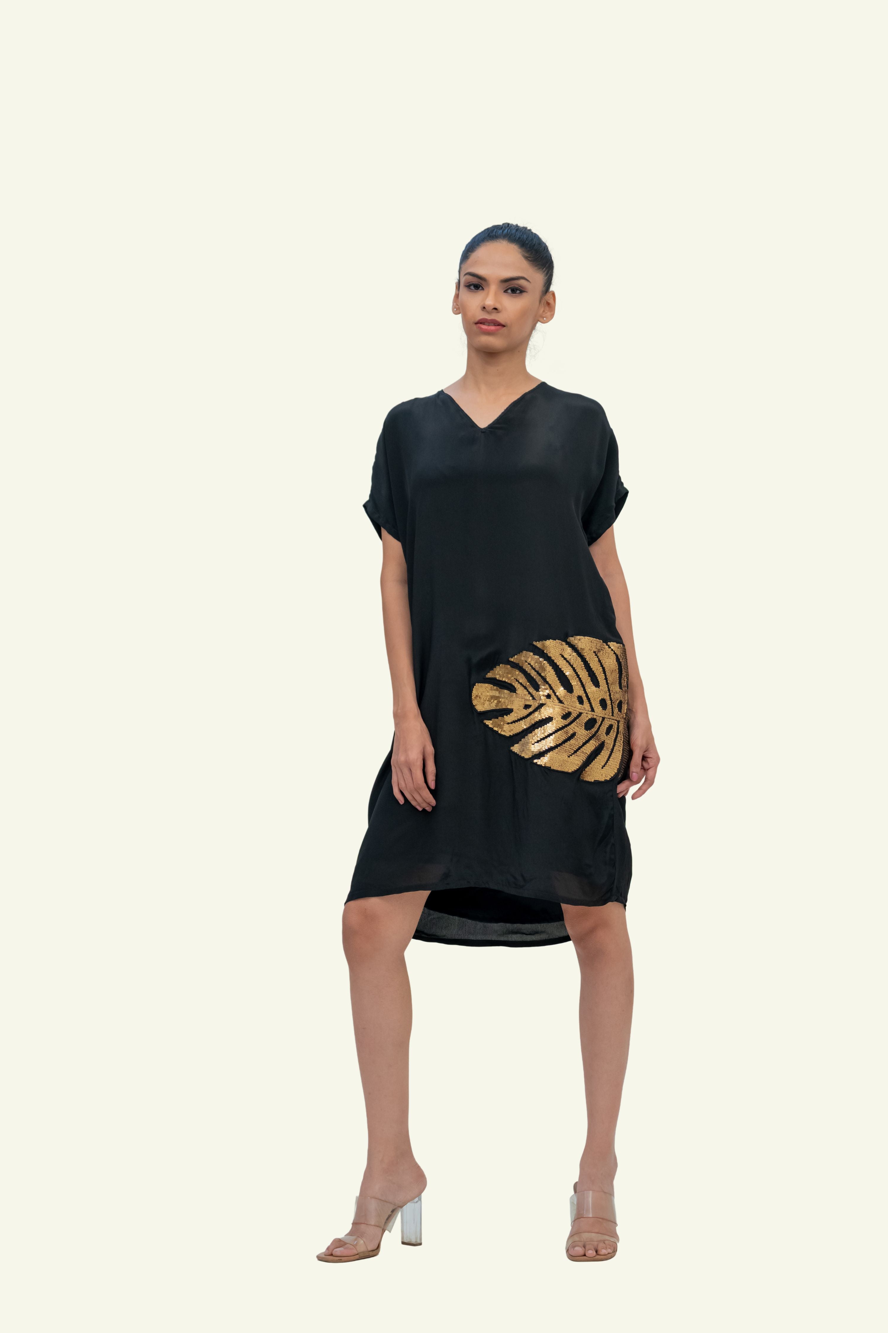 Black Crepe Dress with Dull Gold Embroidery