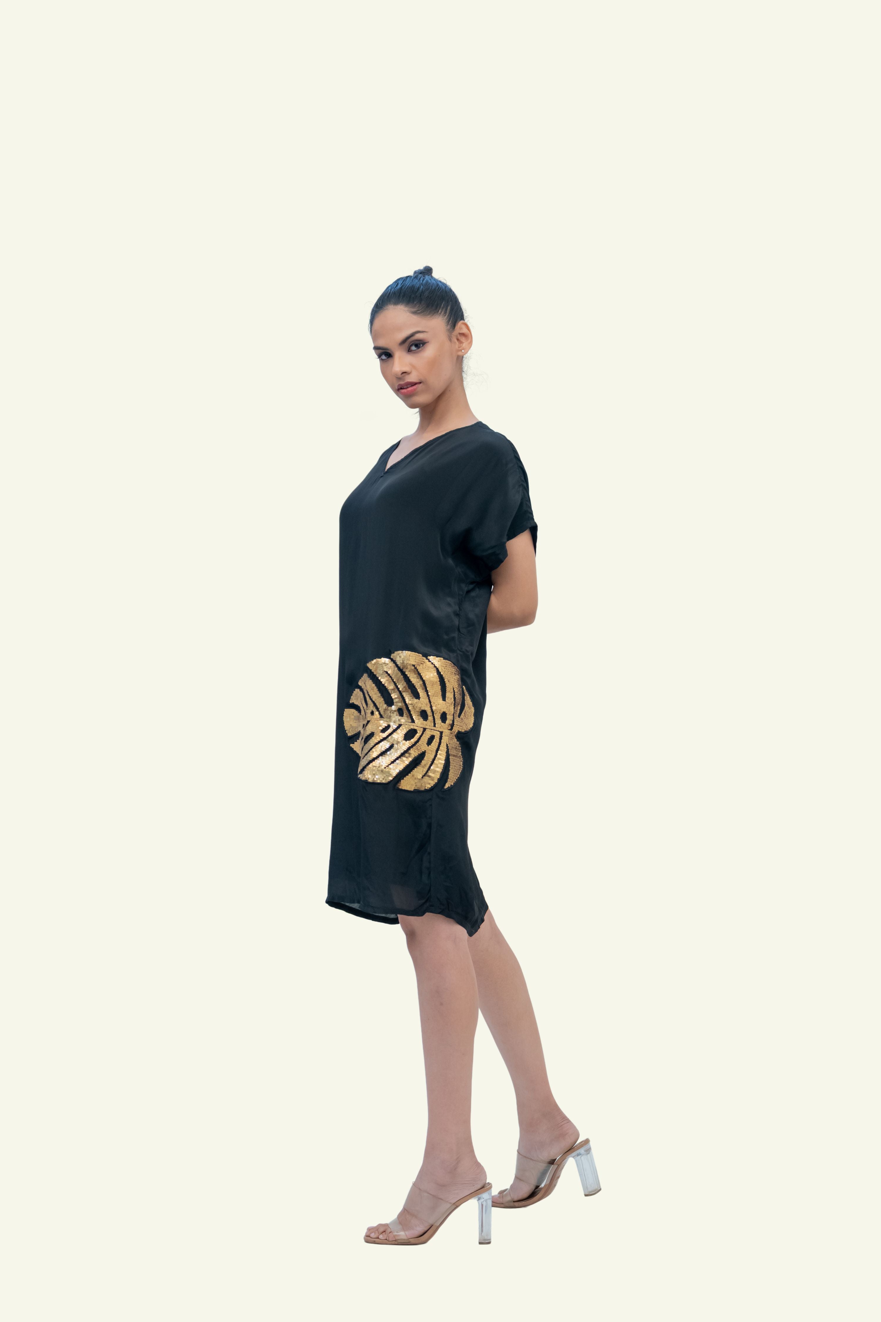 Black Crepe Dress with Dull Gold Embroidery