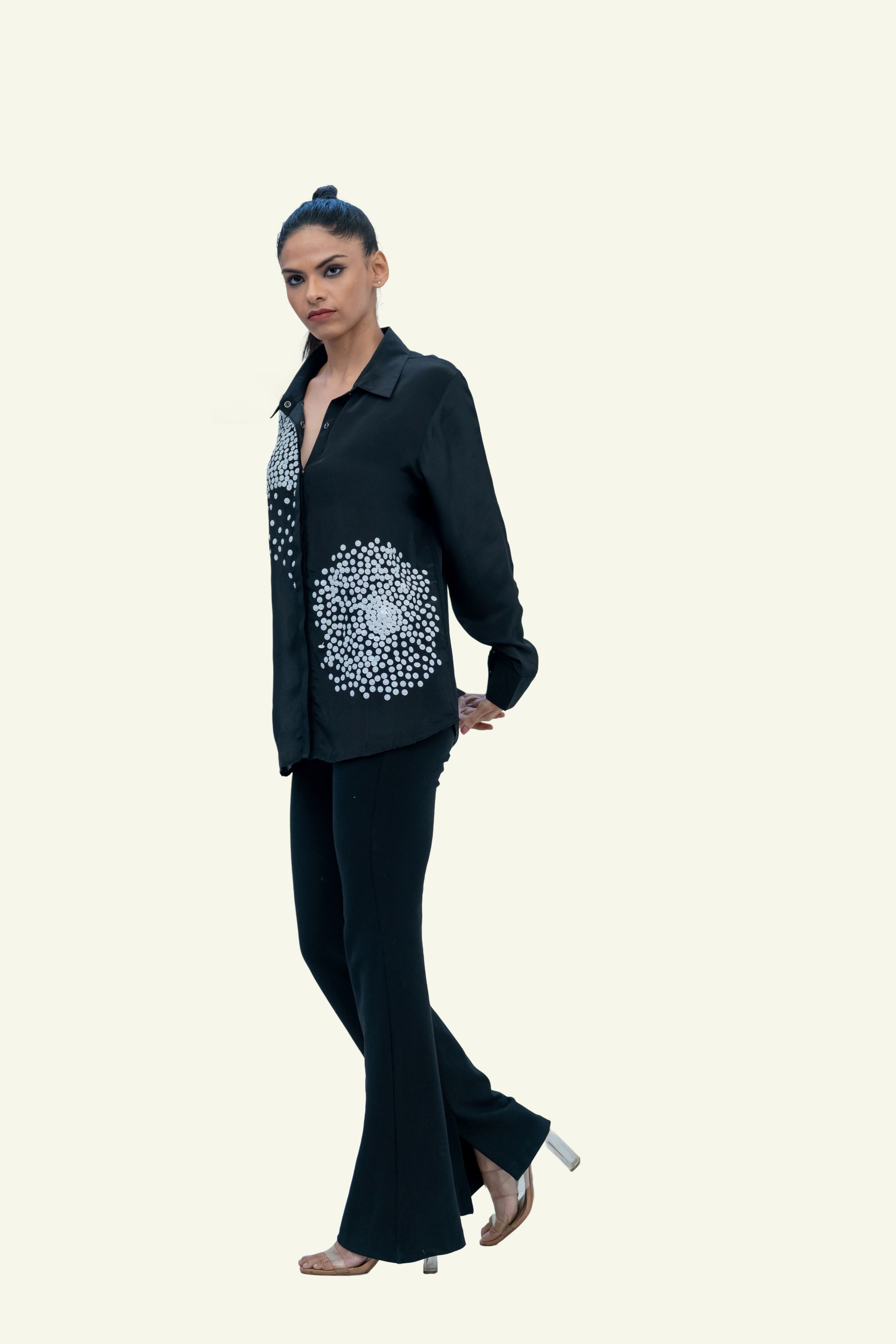 Black Crepe Shirt with Sequin Embroidery