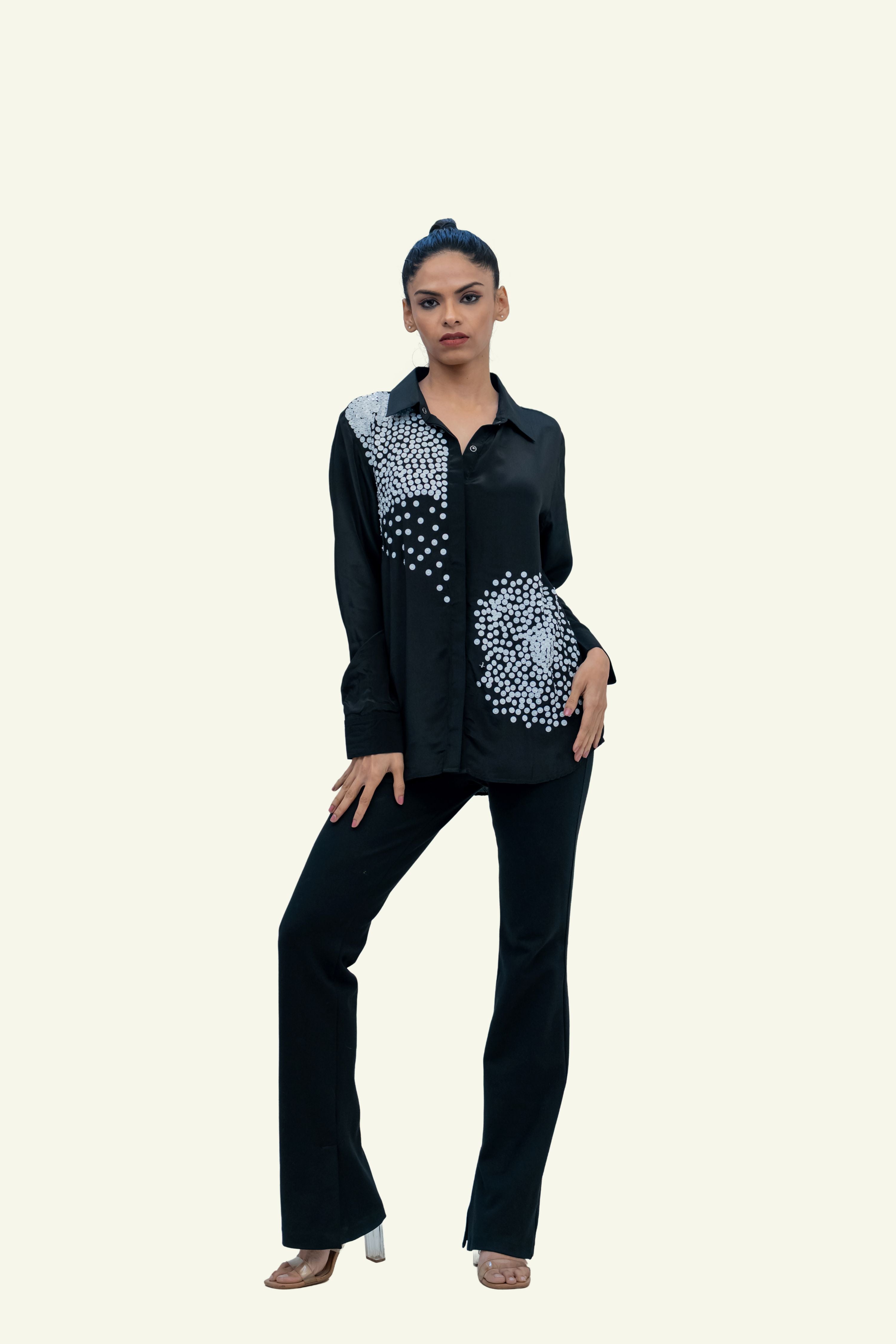 Black Crepe Shirt with Sequin Embroidery