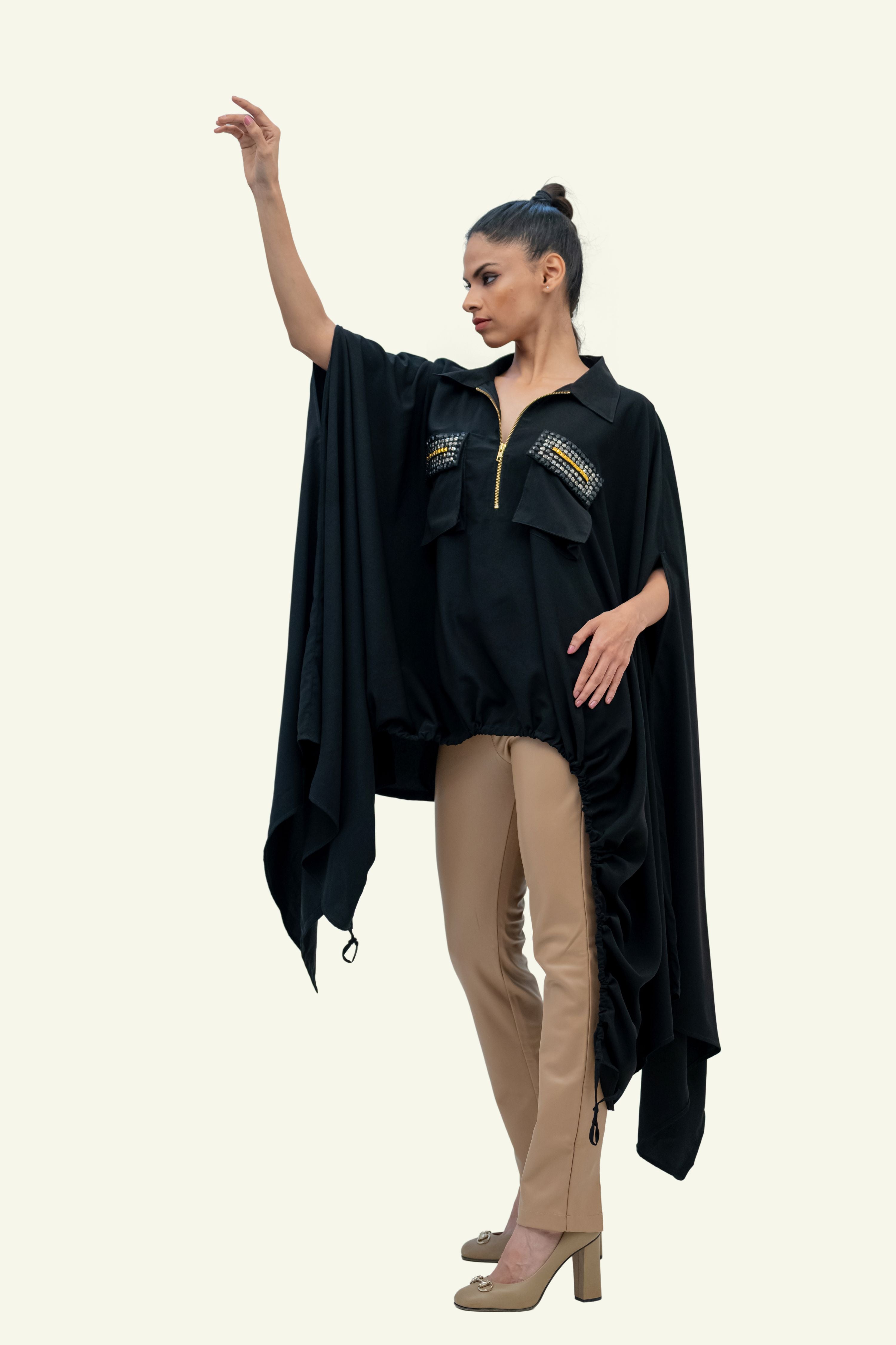 Black Drawstring Cape with Embroidery on Pockets
