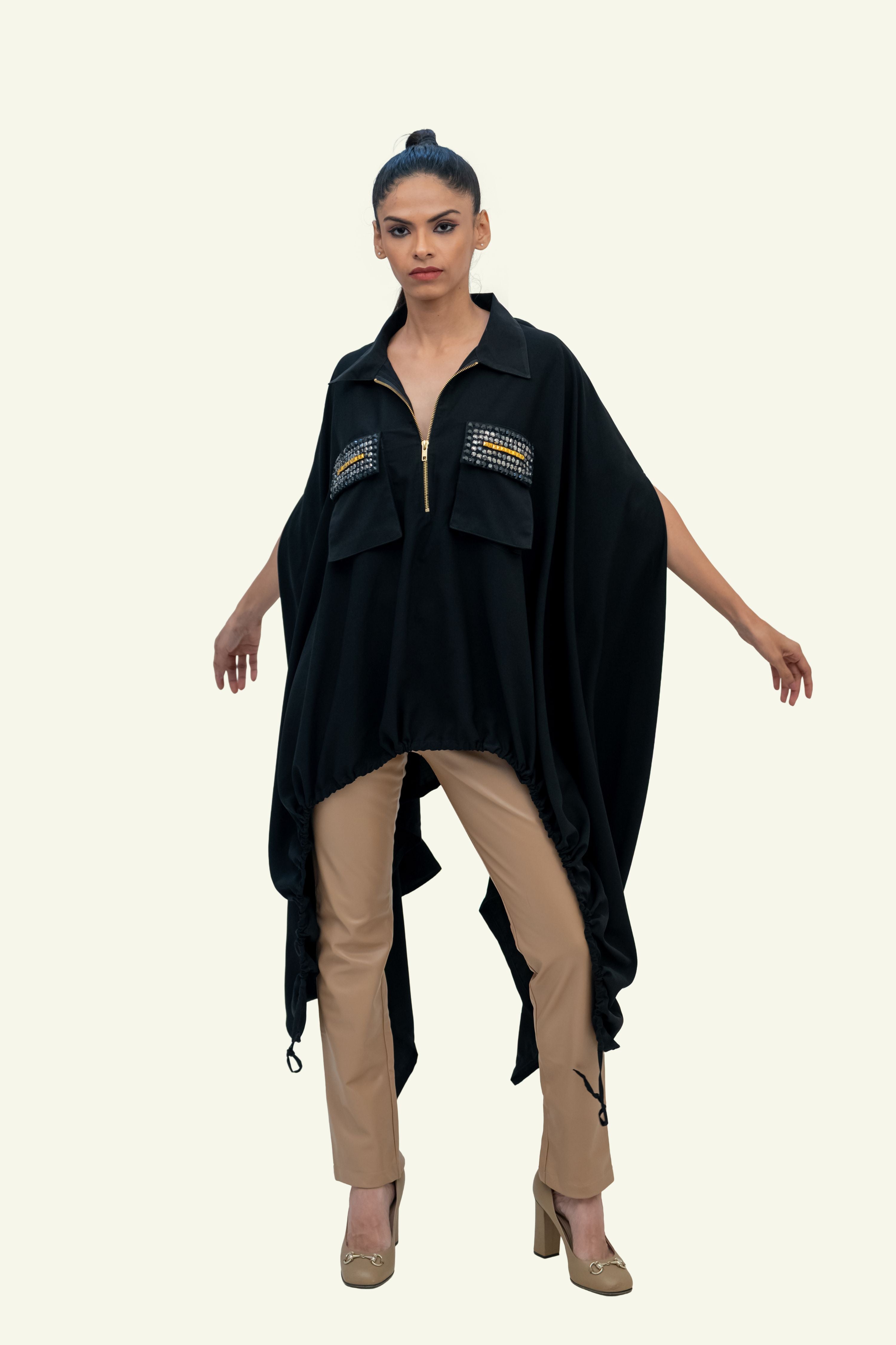 Black Drawstring Cape with Embroidery on Pockets