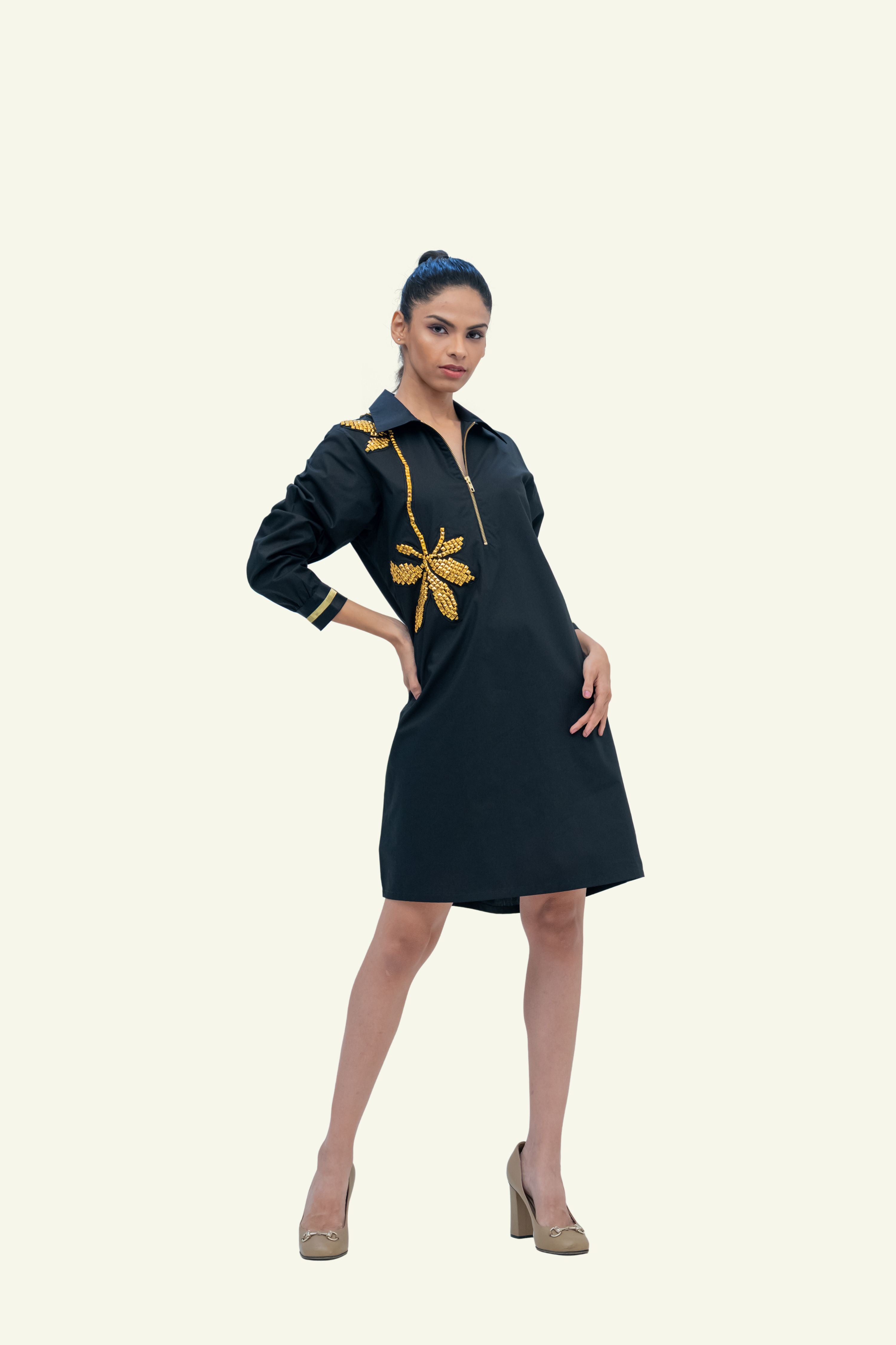 Black Cotton Dress with Stud Work