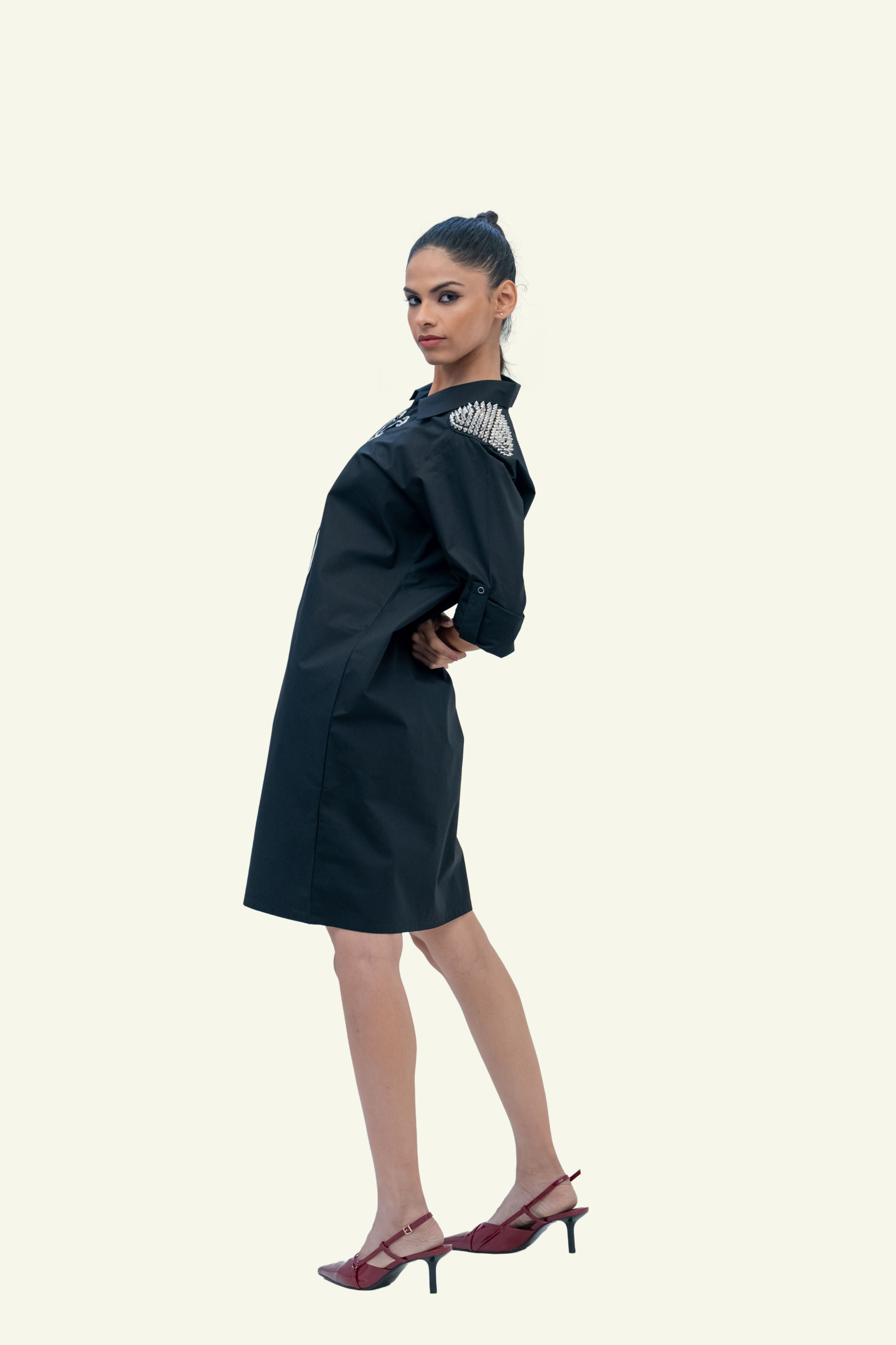 Black Cotton Denim Dress with Embroidery