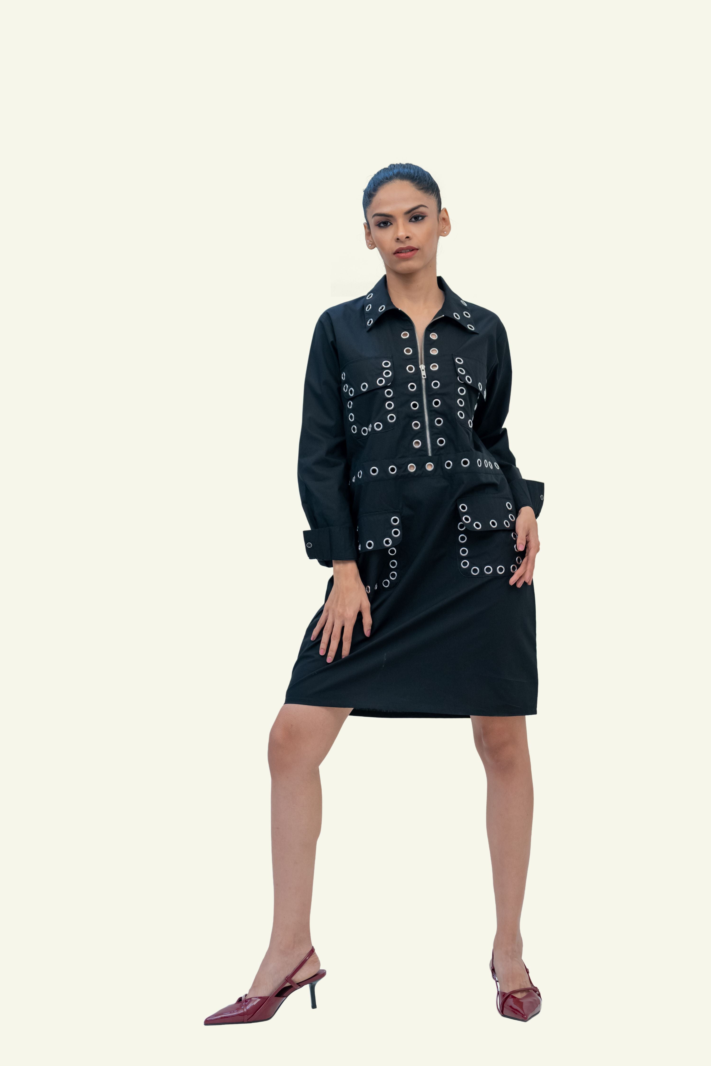 Black Cotton Dress with Eyelets