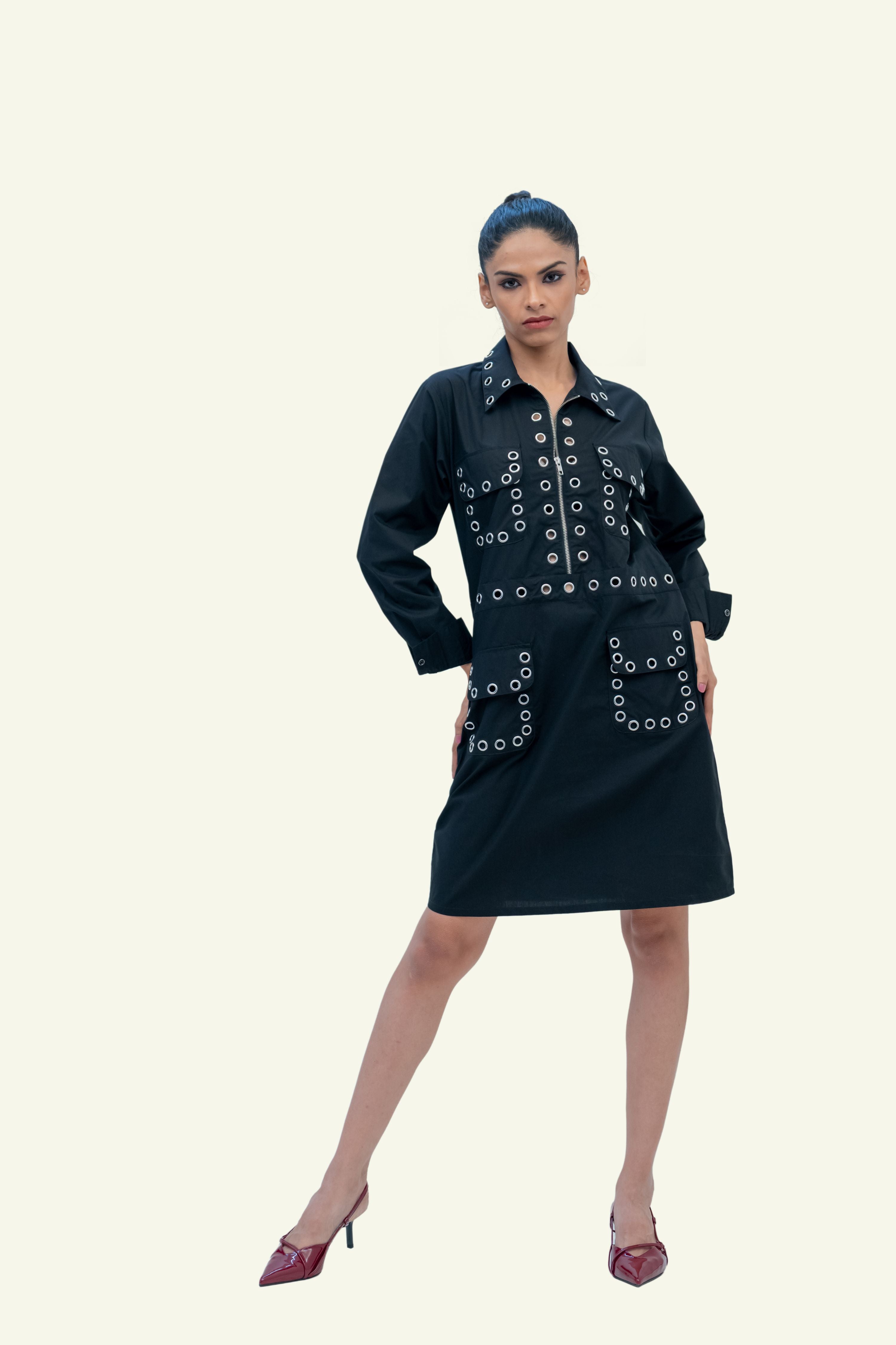 Black Cotton Dress with Eyelets