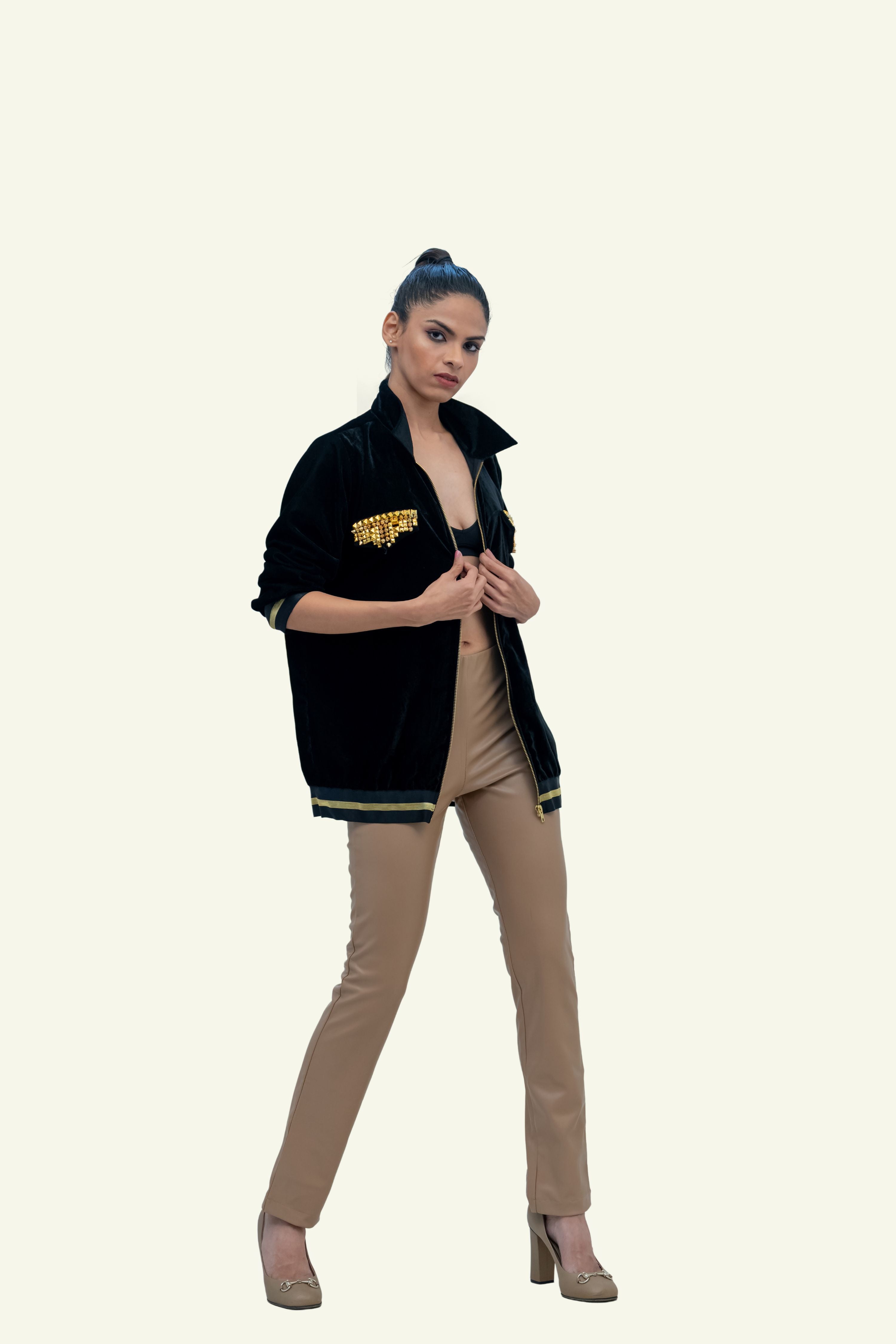 BLACK VELVET BOMBER WITH STUD WORK
