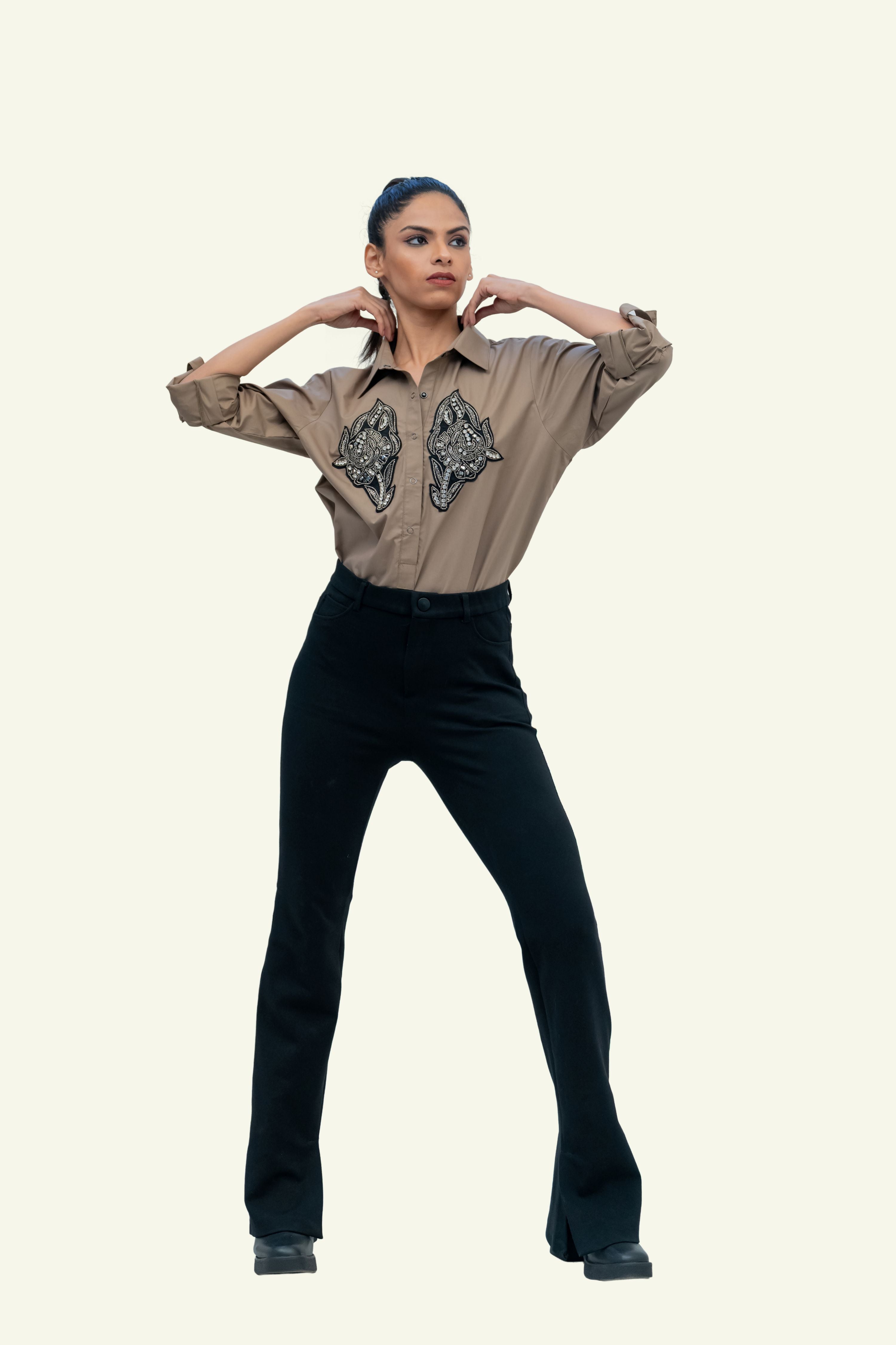 Brown Cotton Shirt with Embroidery