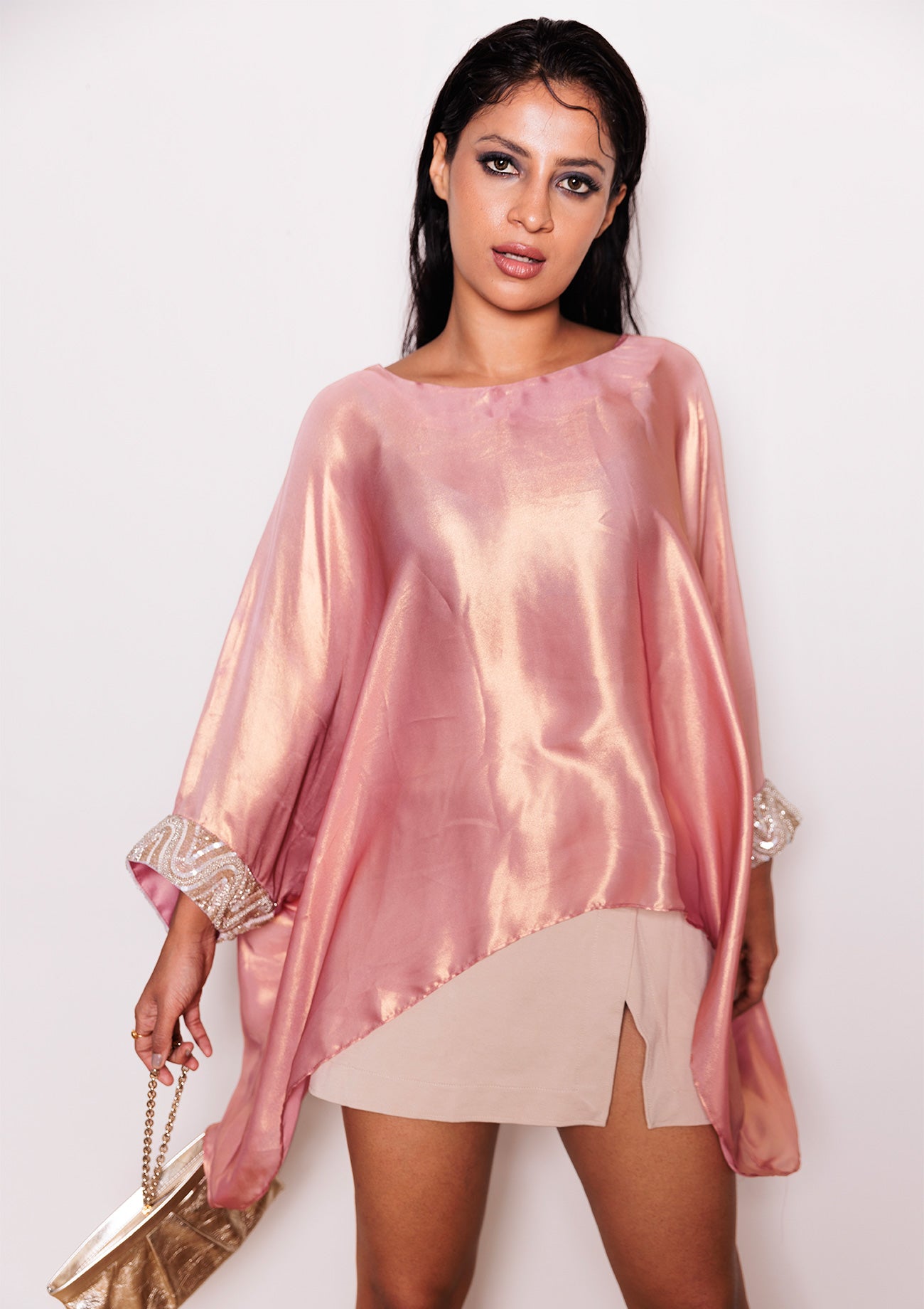 Pink Shimmer Poncho Top With Embroidered Cuffs