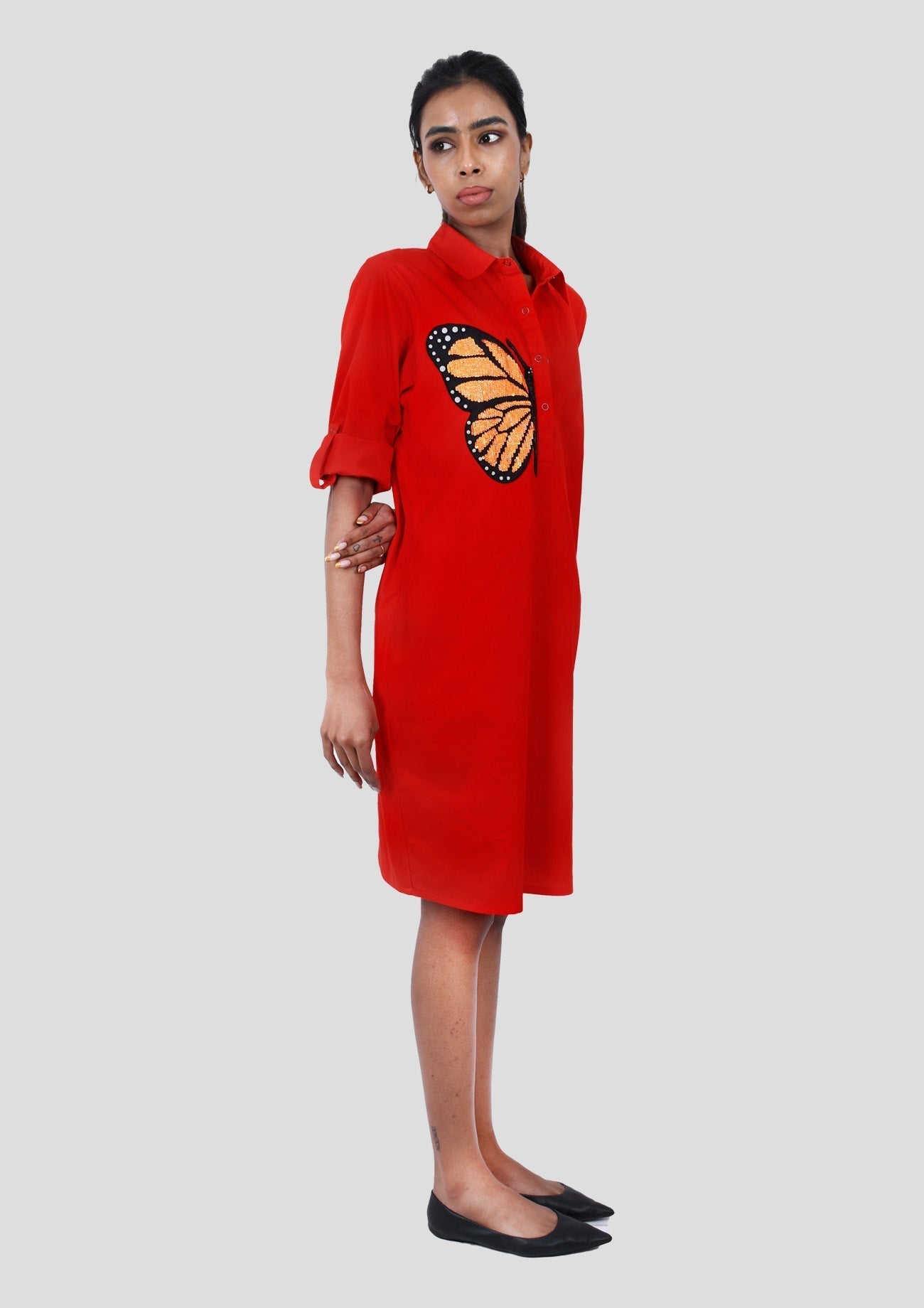 Red One Piece Cotton Dress with Sequin Embroidery