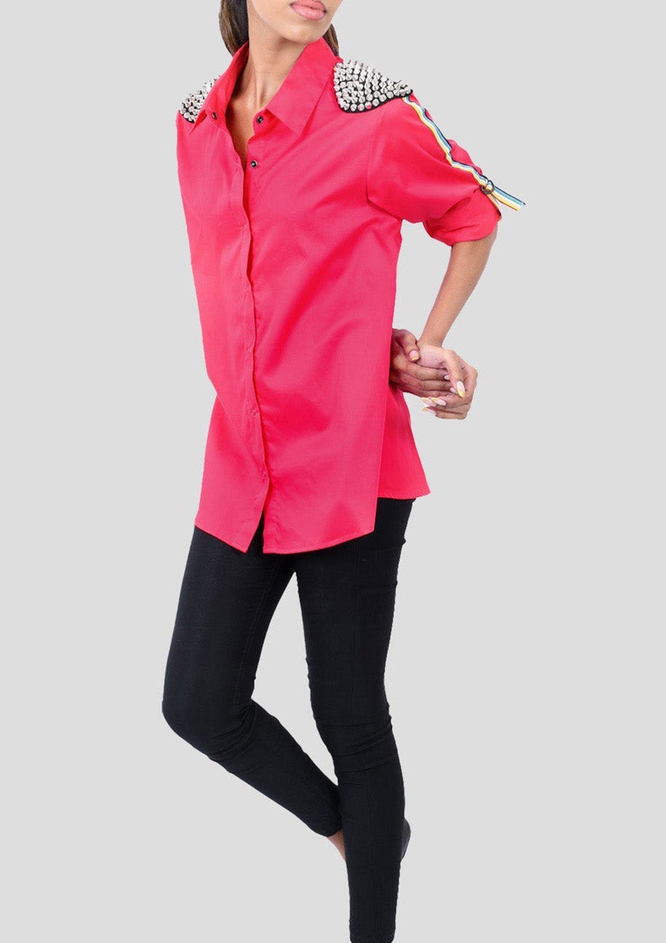 Dark Pink Comfort Fit Cotton Shirt with Embroidery