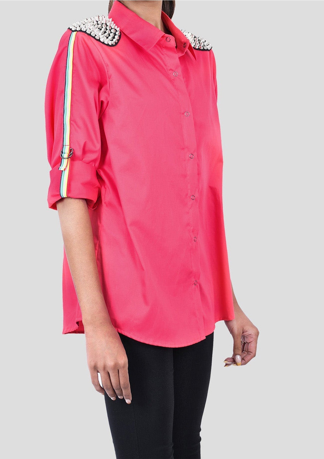 Dark Pink Comfort Fit Cotton Shirt with Embroidery