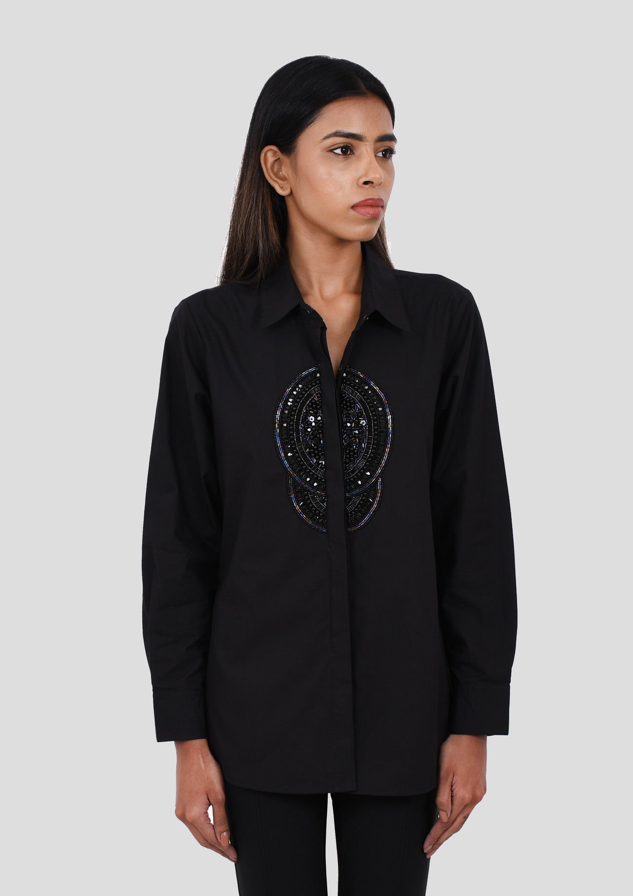 Black Comfort Fit Cotton Shirt with Black Embroidery