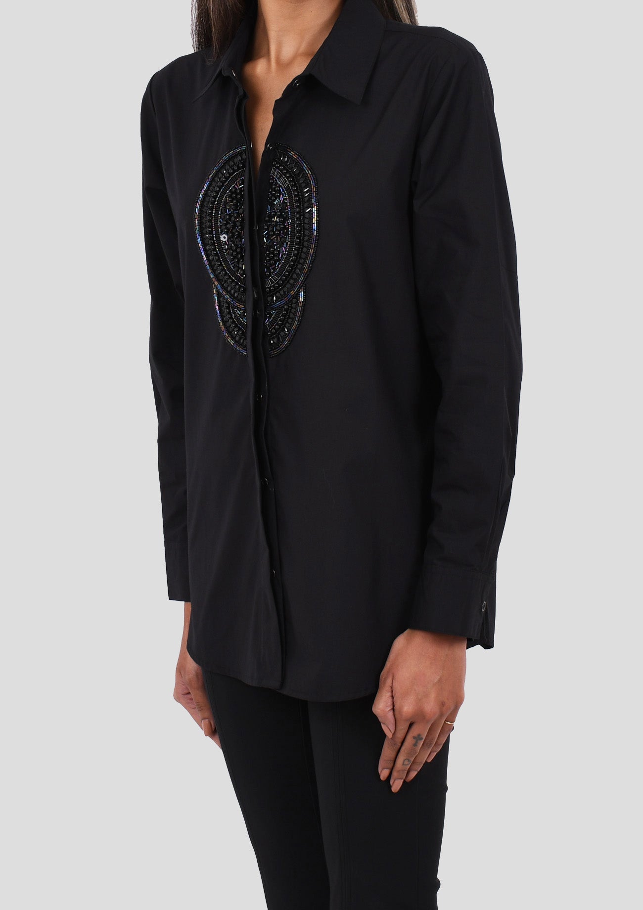 Black Comfort Fit Cotton Shirt with Black Embroidery