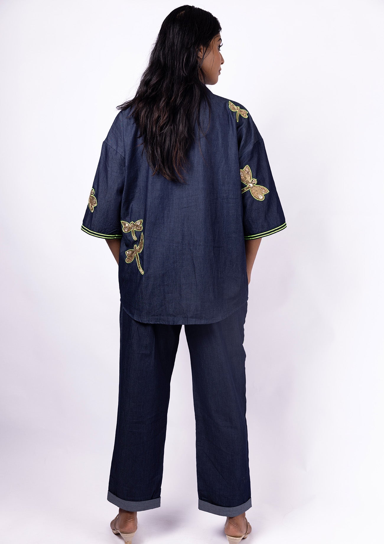 Denim Oversized Shirt With Multiple Embroidered Dragonflies With Denim Straight Pants With Single Embroidered Motif And Tape