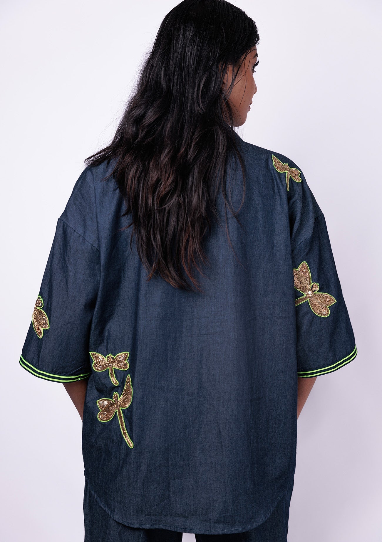 Denim Oversized Shirt With Multiple Embroidered Dragonflies With Denim Straight Pants With Single Embroidered Motif And Tape