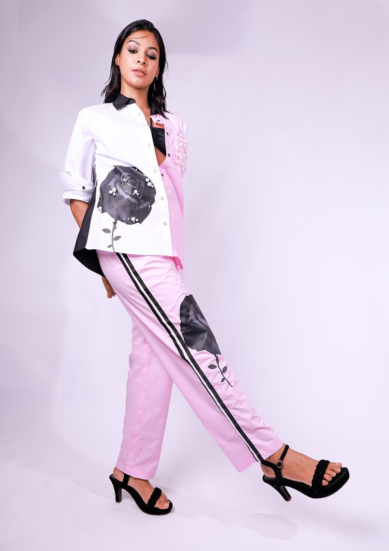 Pink & White Comfort Fit Cotton Shirt with Embellishment