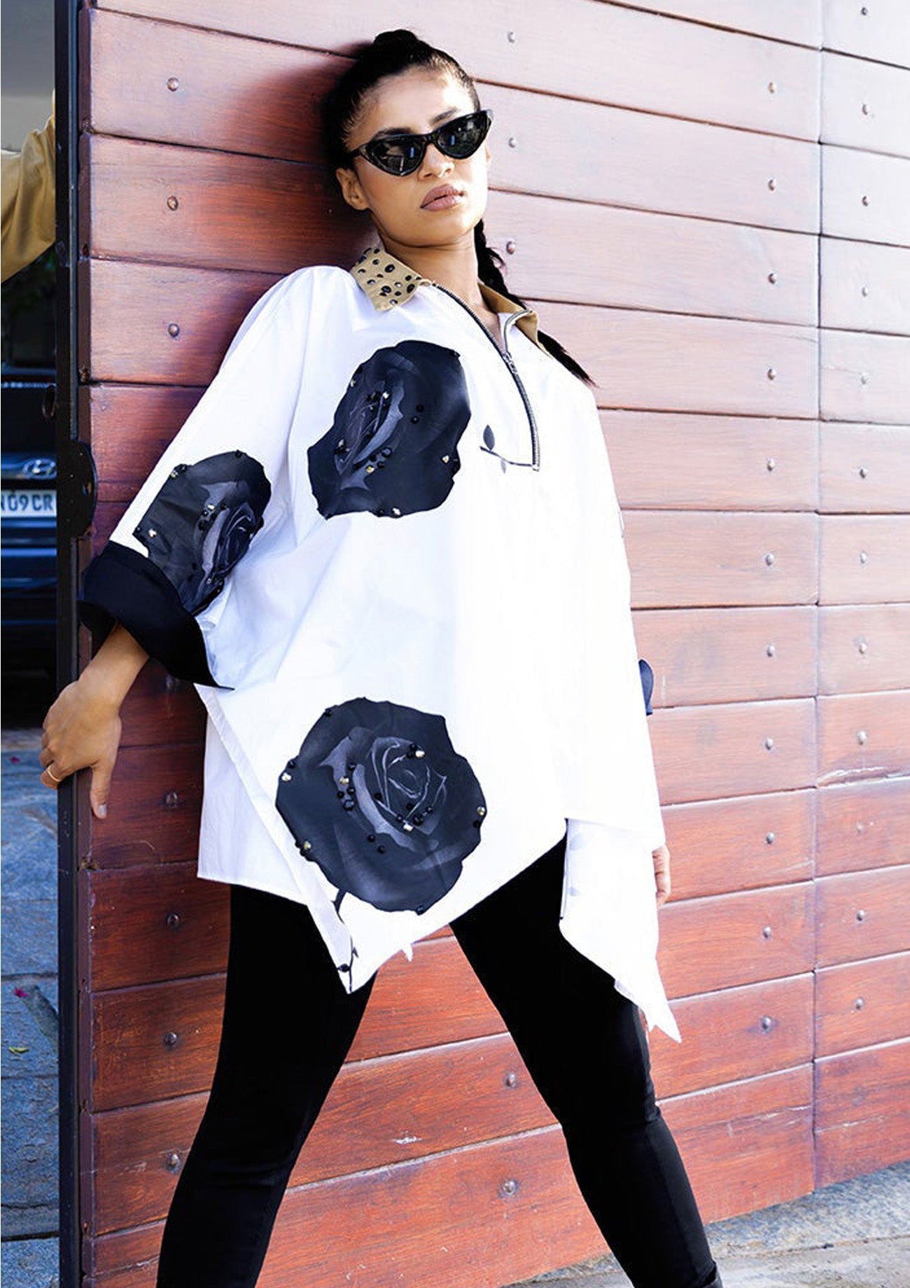 White Loose Fit Cotton Poncho Shirt with Print