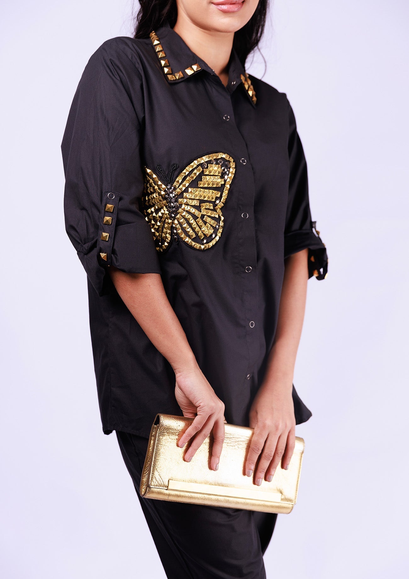 Black Cotton Shirt With Studded Butterfly And Stud Work With Black Cotton Jogger Pant With Stud Work