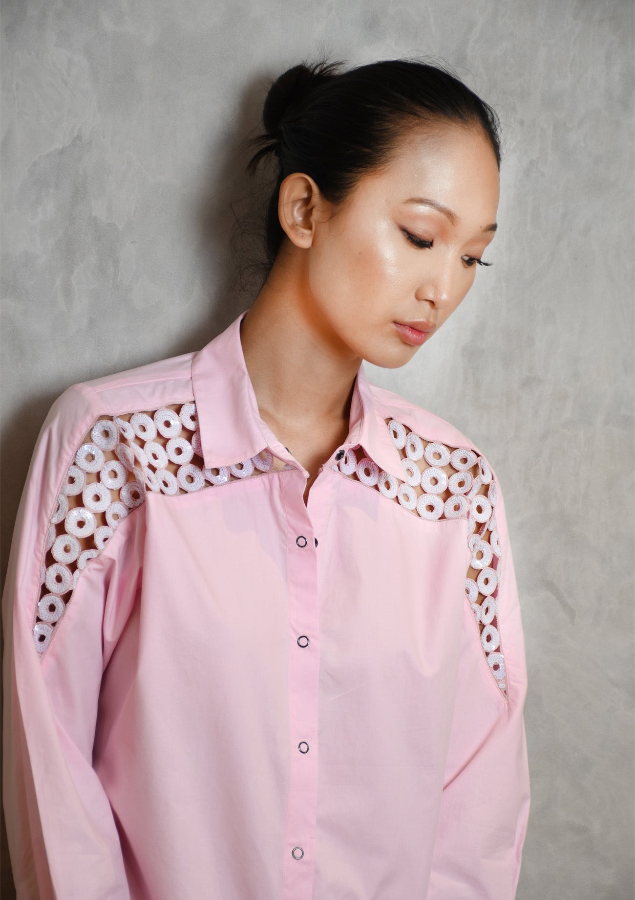 Pink Cotton Comfort Fit Shirt with Cutwork Embroidery