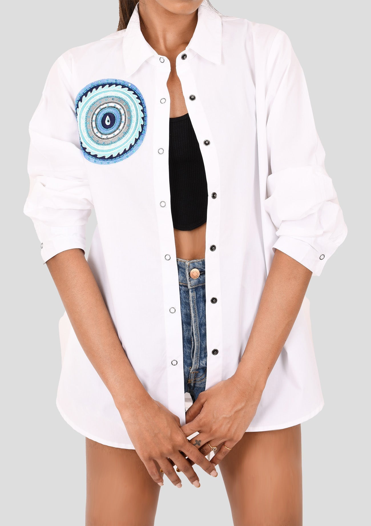 White Comfort Fit Cotton Shirt with Evil Eye Embroidery