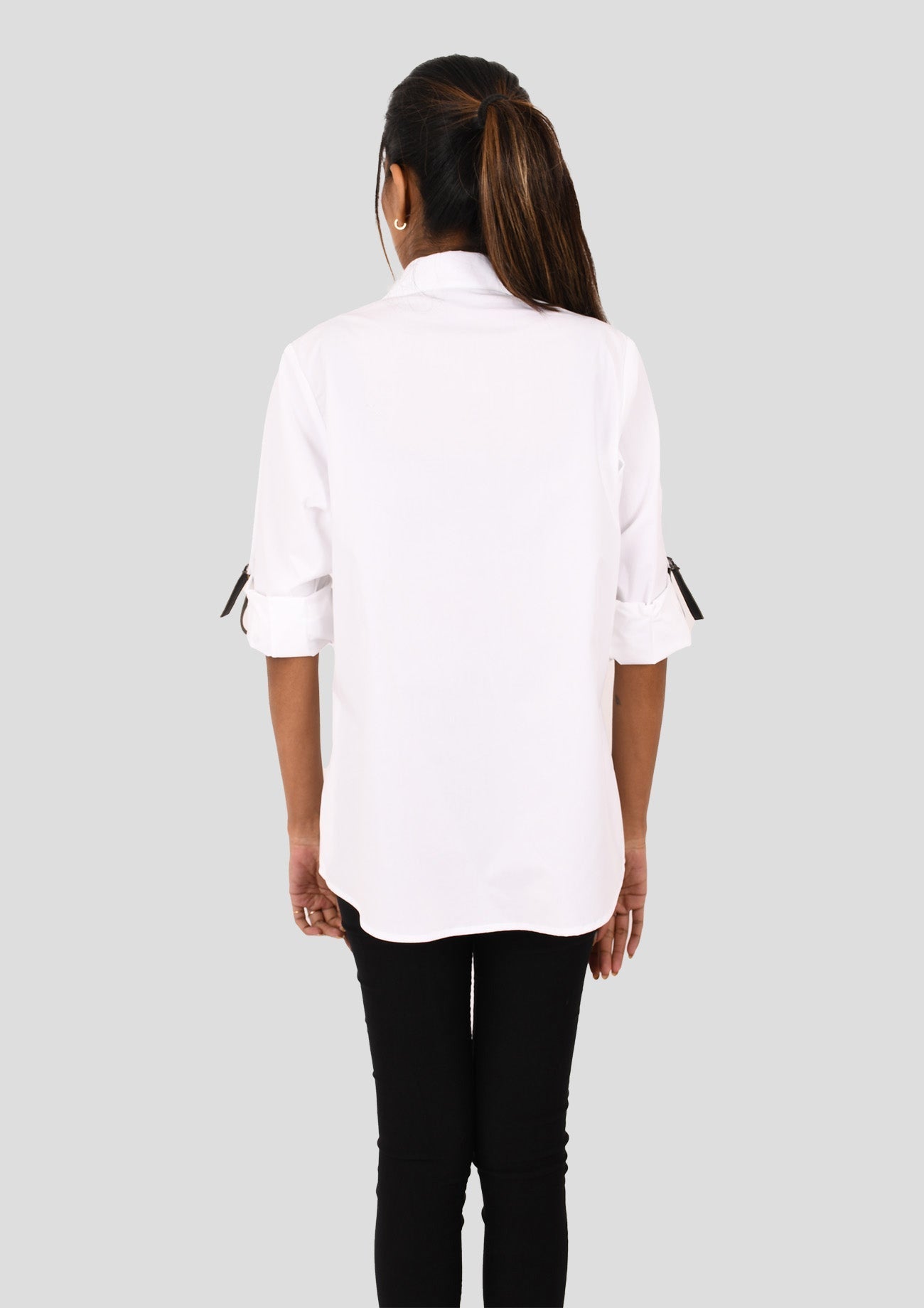 White Comfort Fit Cotton Shirt with Faux Leather