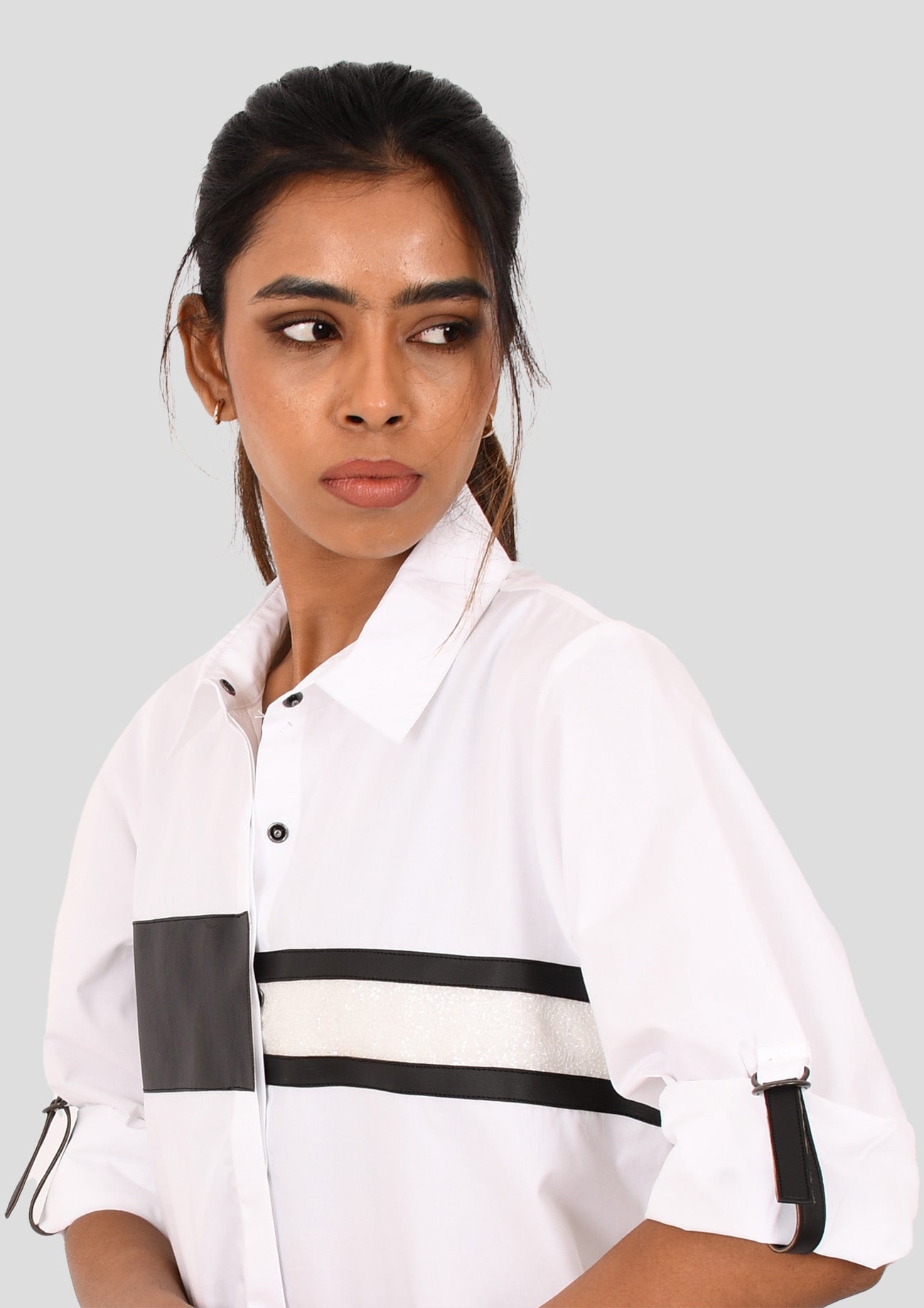 White Comfort Fit Cotton Shirt with Faux Leather