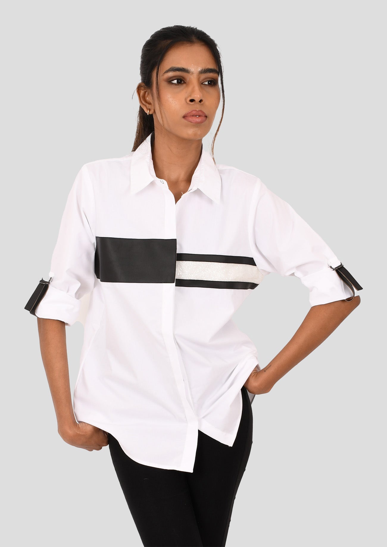 White Comfort Fit Cotton Shirt with Faux Leather