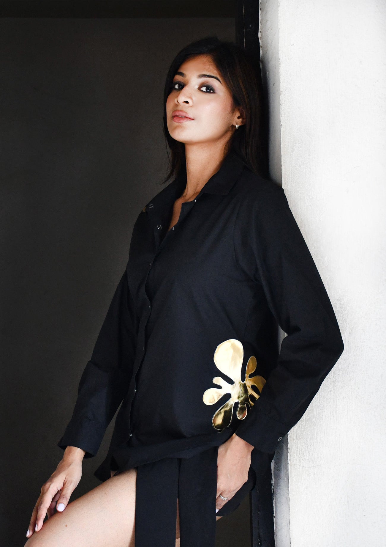 Black Comfort Fit Cotton Shirt with Applique Detailing