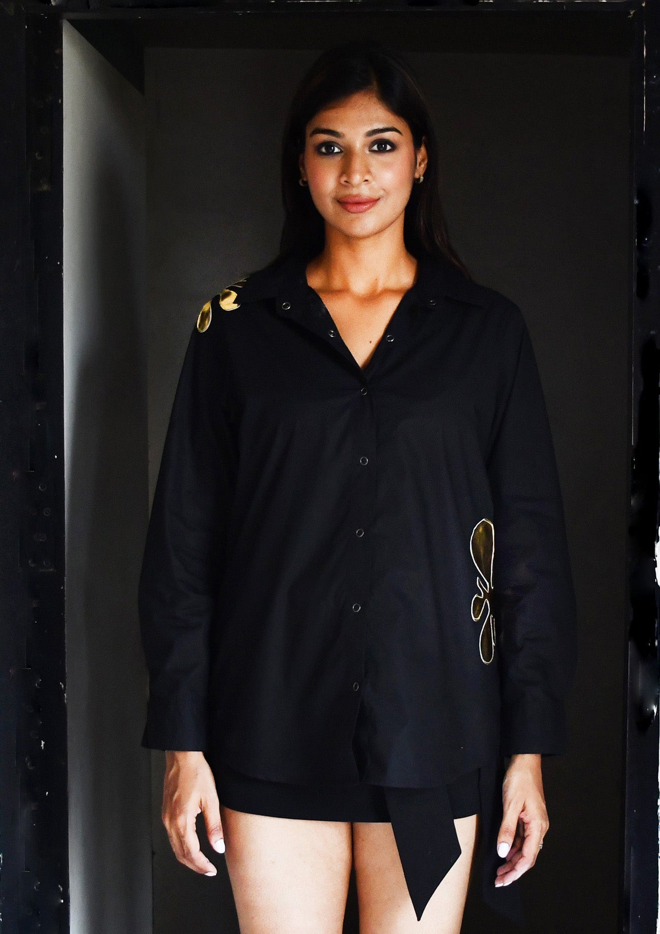 Black Comfort Fit Cotton Shirt with Applique Detailing