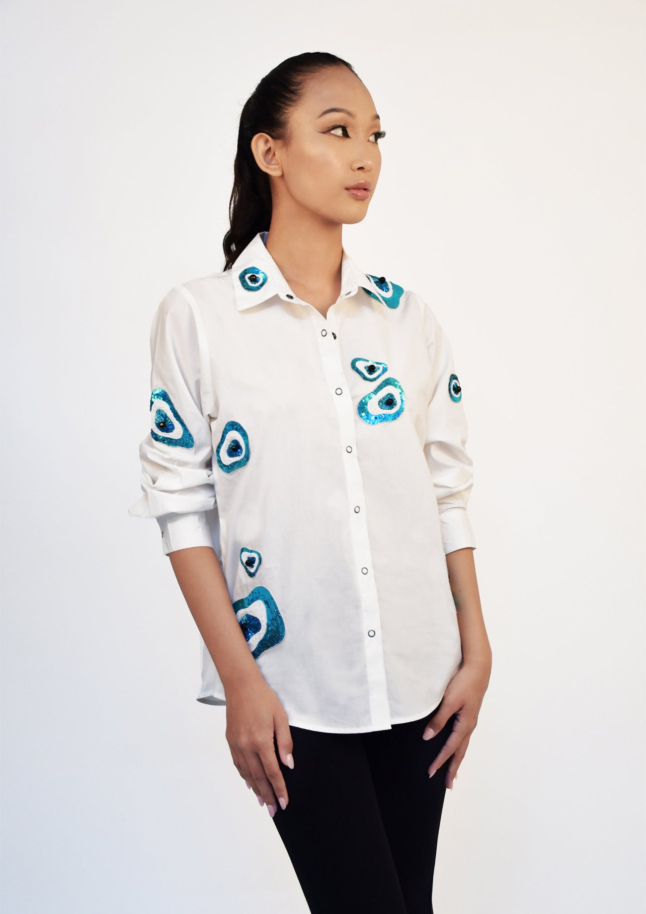 White One Piece Cotton Dress with Evil Eye Embroidery