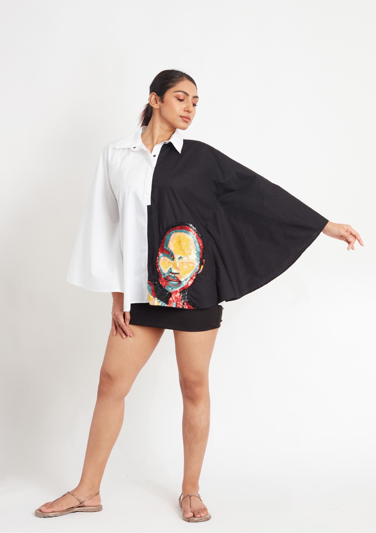 Half Black and White Loose Fit Cotton Poncho Shirt