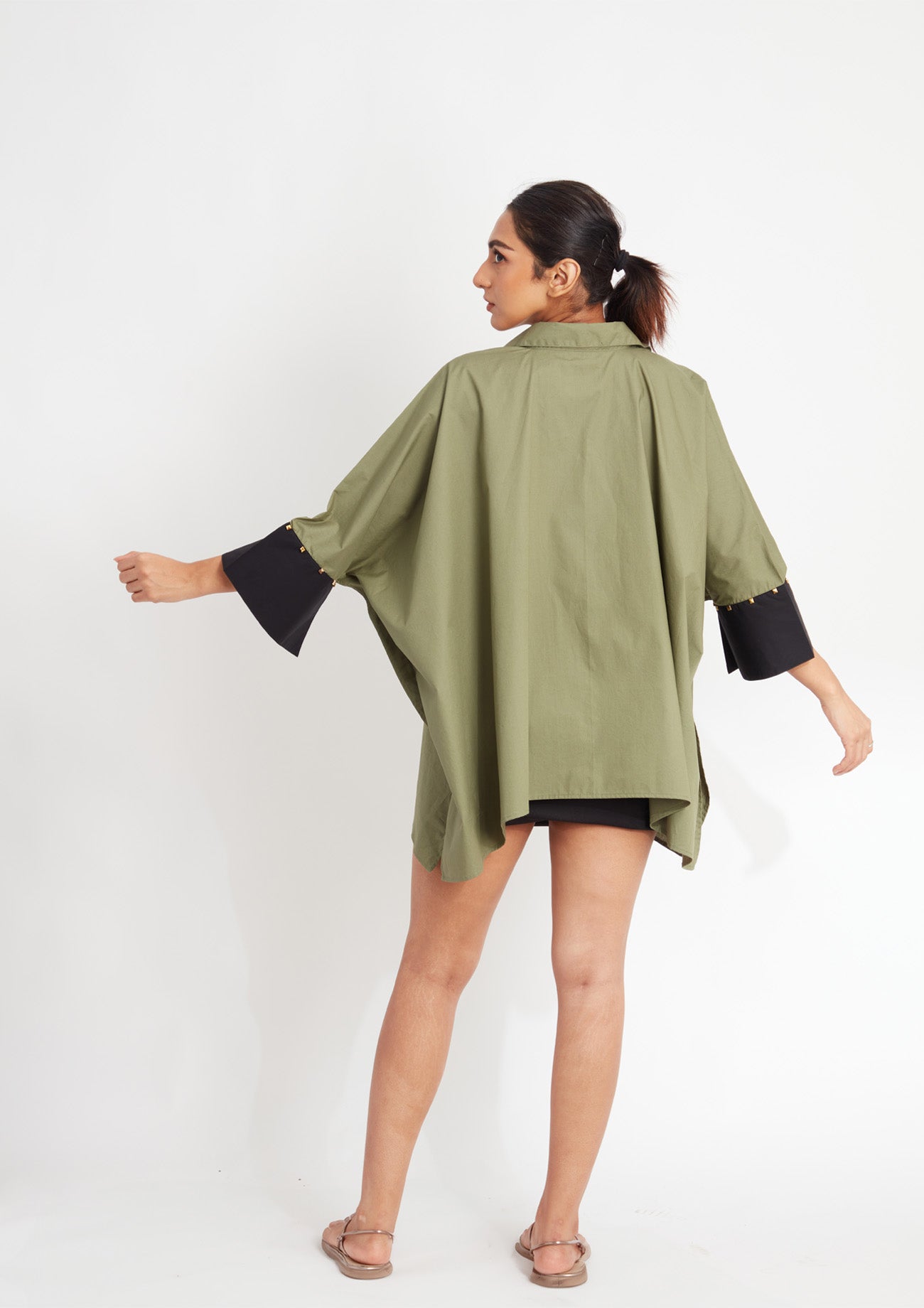 Olive Loose Fit Cotton Poncho Shirt with Foil Print